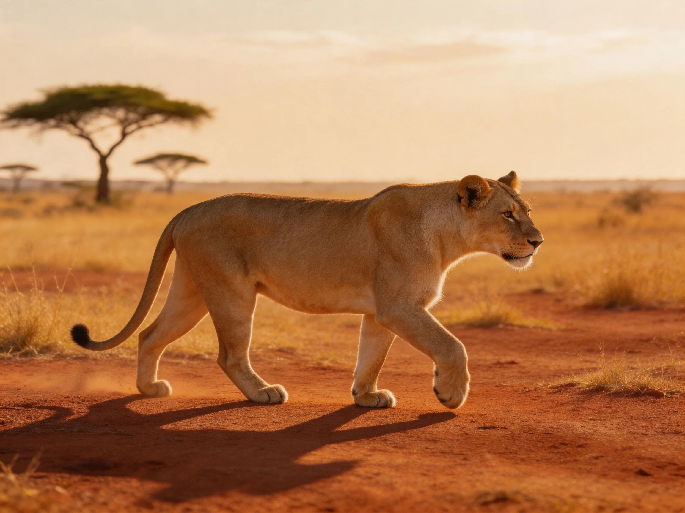 A tawny lioness roams a sunlit savannah with distant acacia trees.