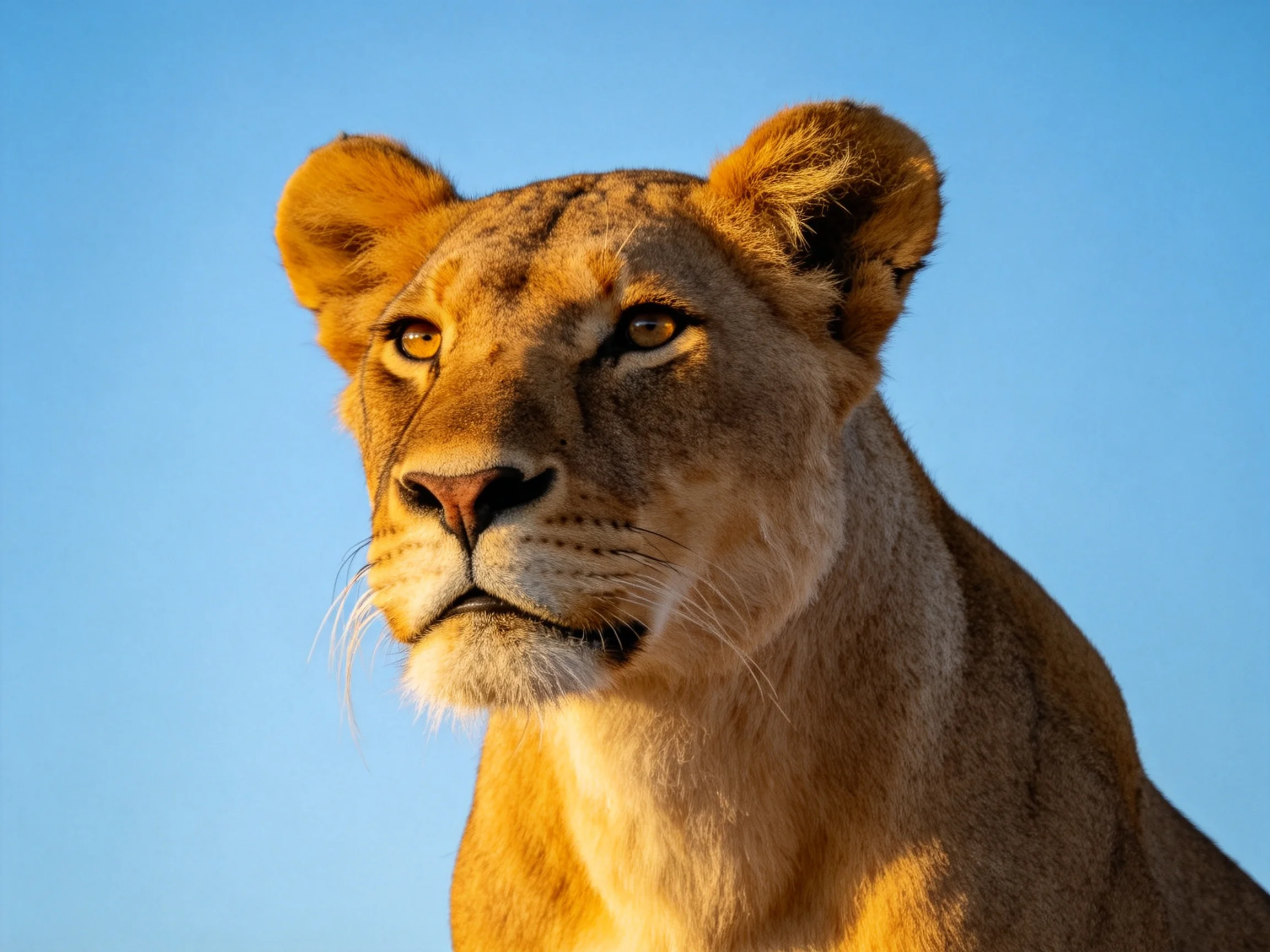 Tawny lioness with golden fur against clear blue sky