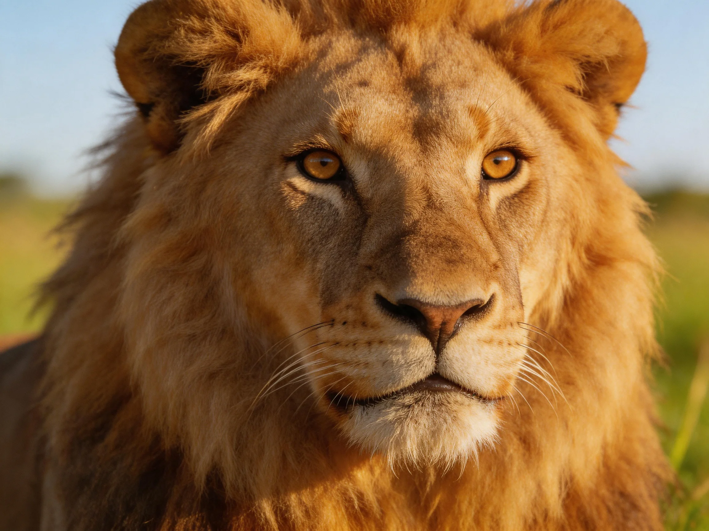 Thick golden - maned lion in sunlit savannah