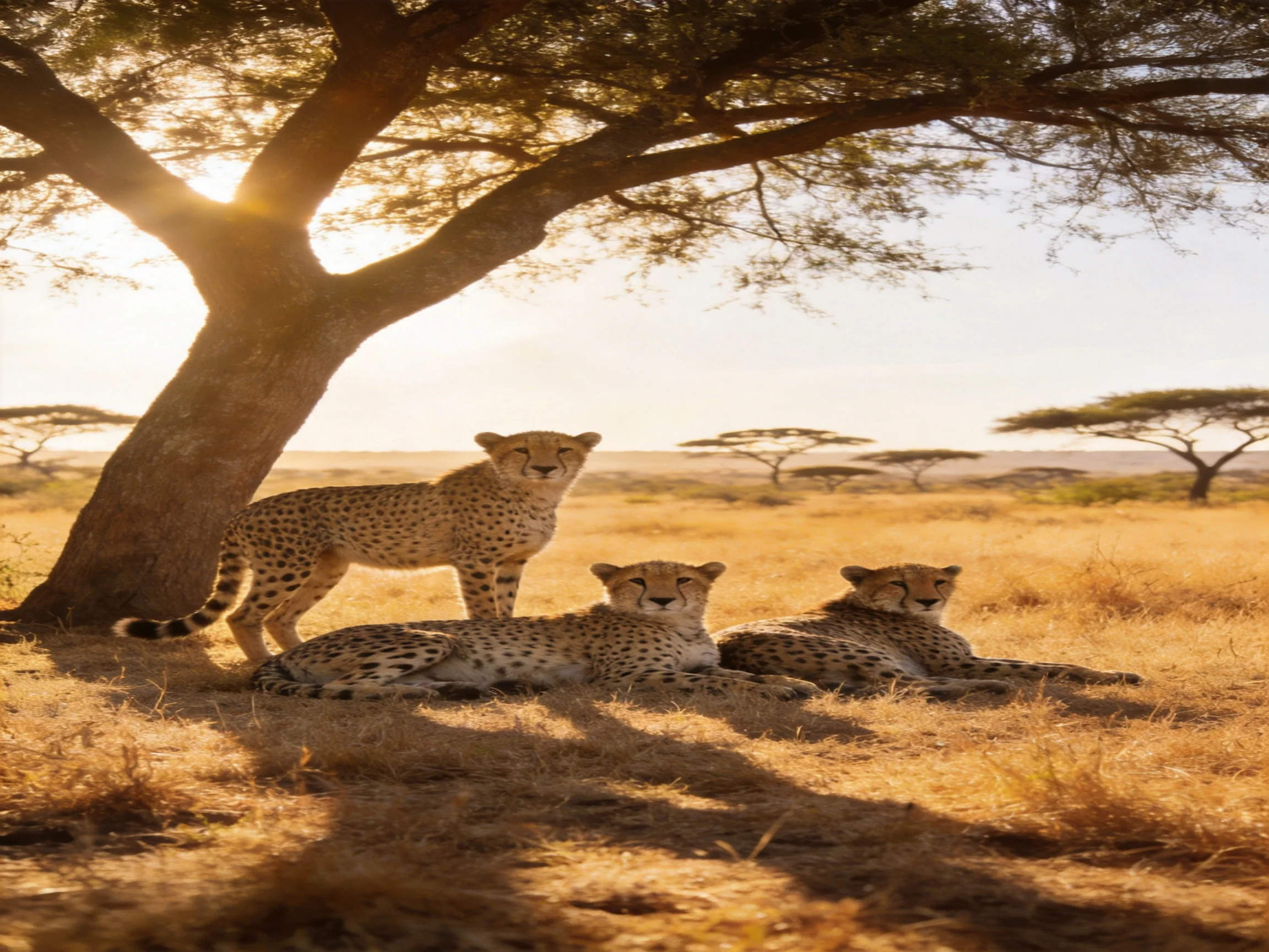 Three cheetahs relax near a tree in a sunlit savannah landscape.