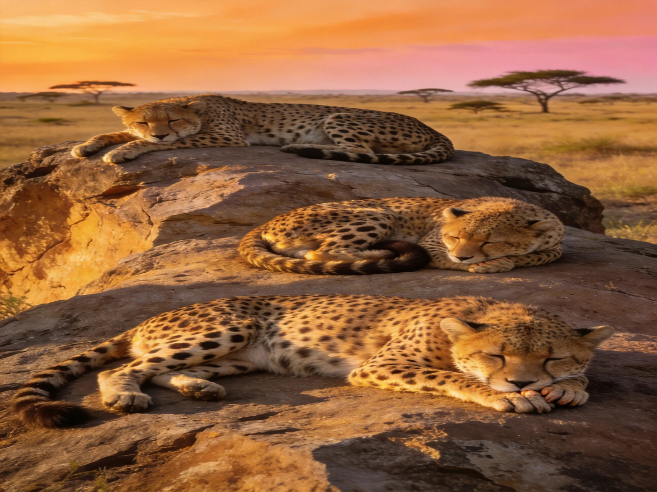 Three cheetahs rest on rocky outcrop during golden sunset