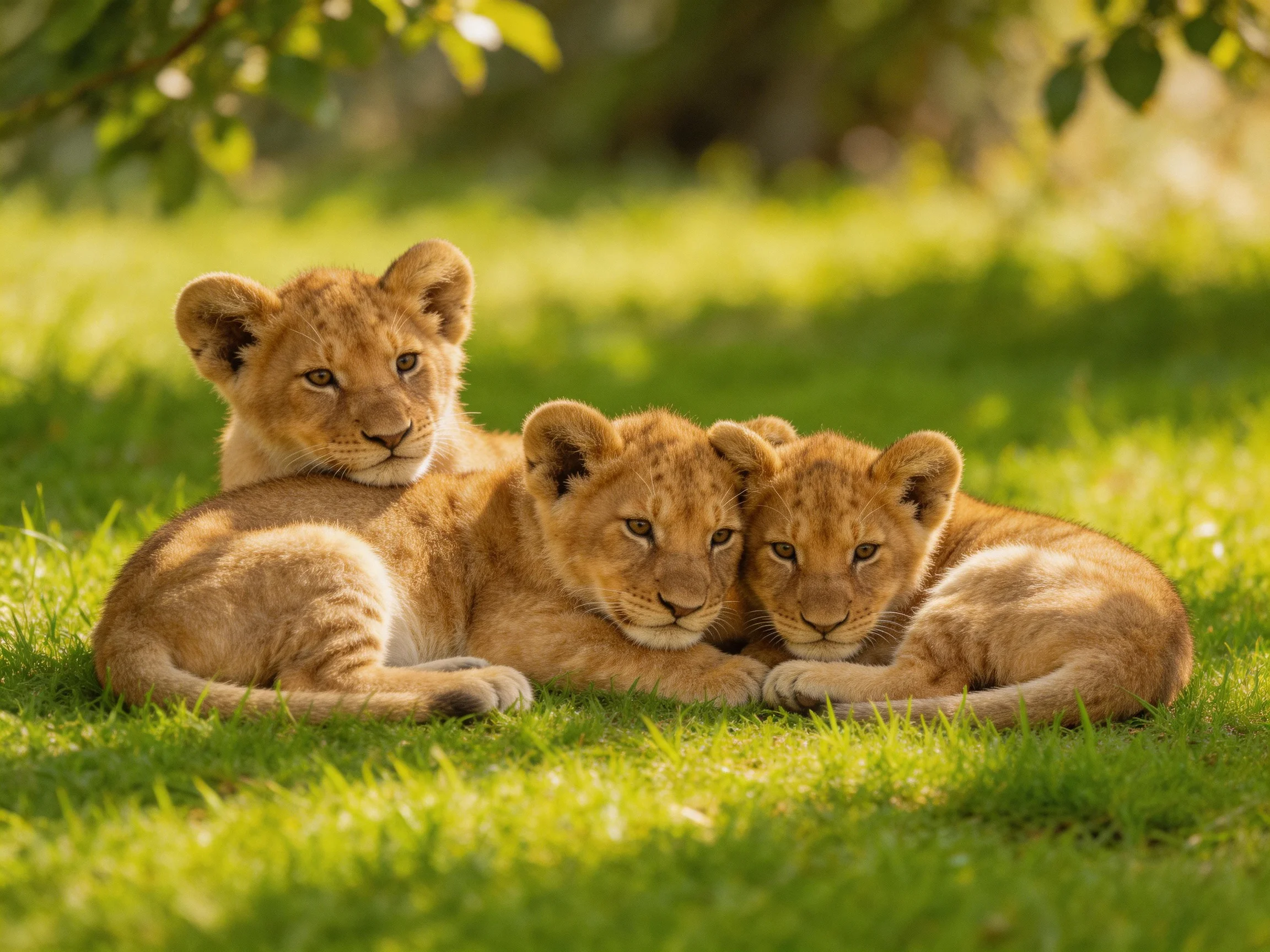 Three young lion cubs rest closely on grass in a sunlit environment.
