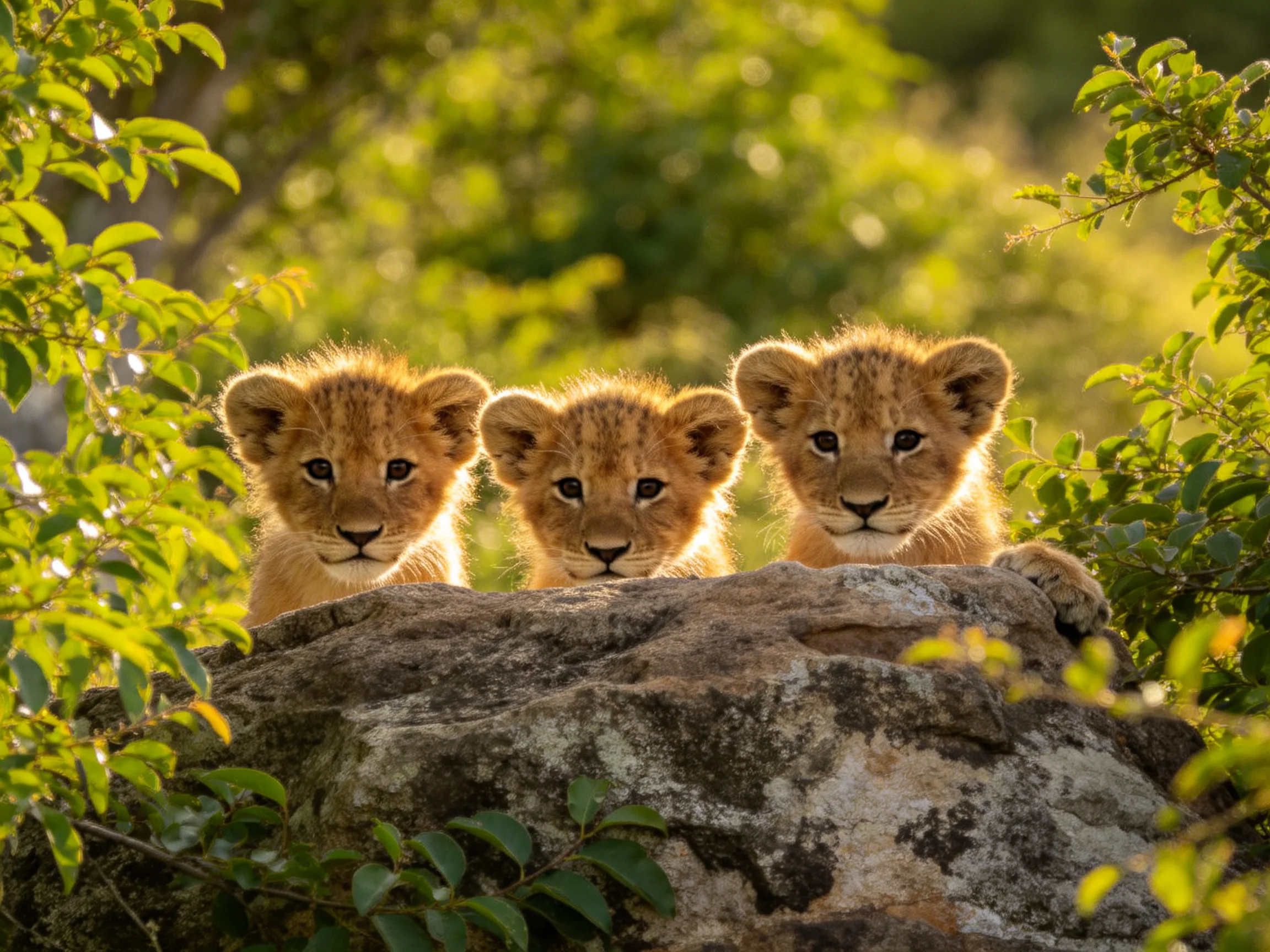 Three young lions peek from behind a rock in a sunlit natural environment.