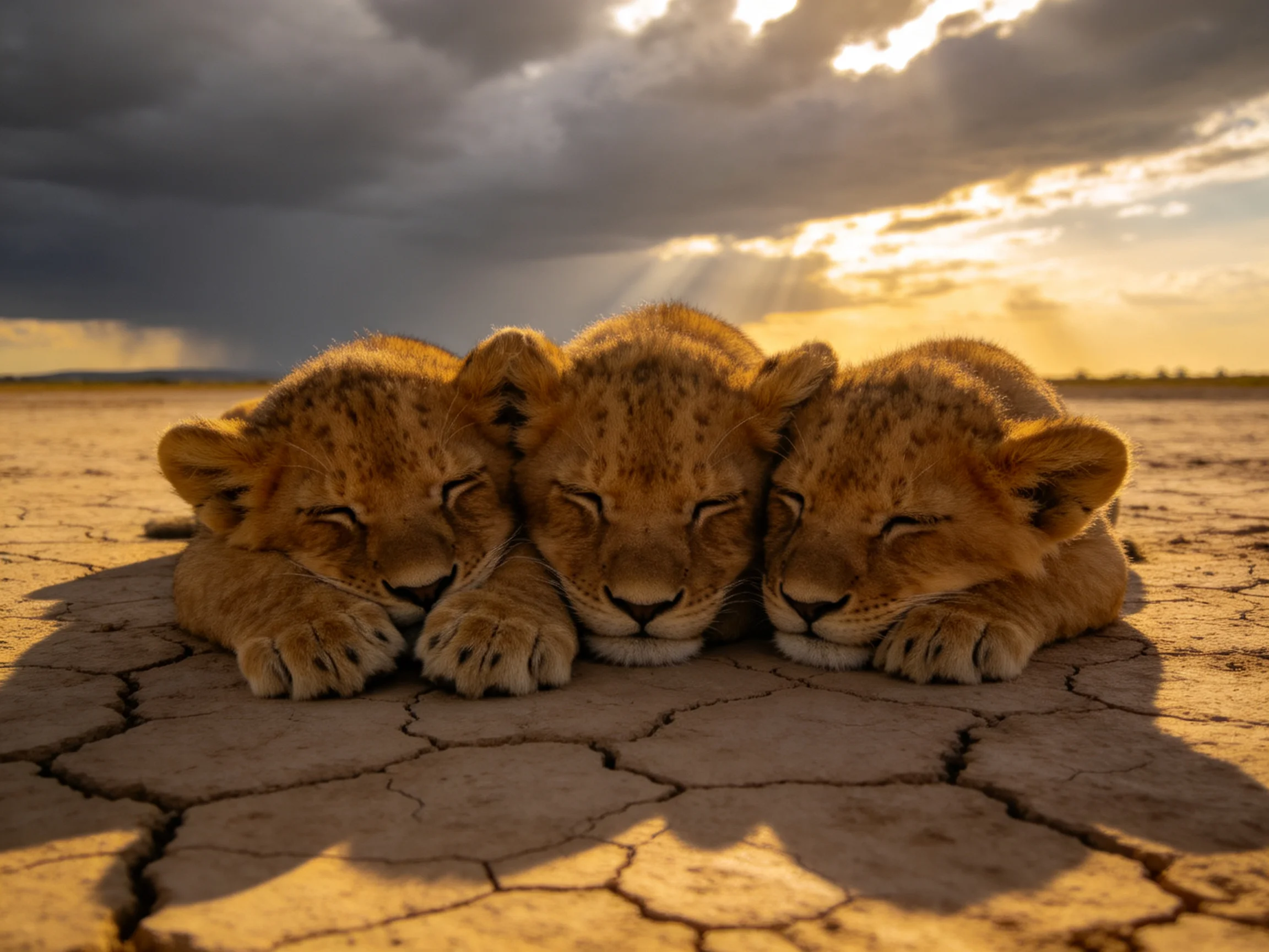 Three golden lion cubs rest on cracked earth beneath dramatic sky