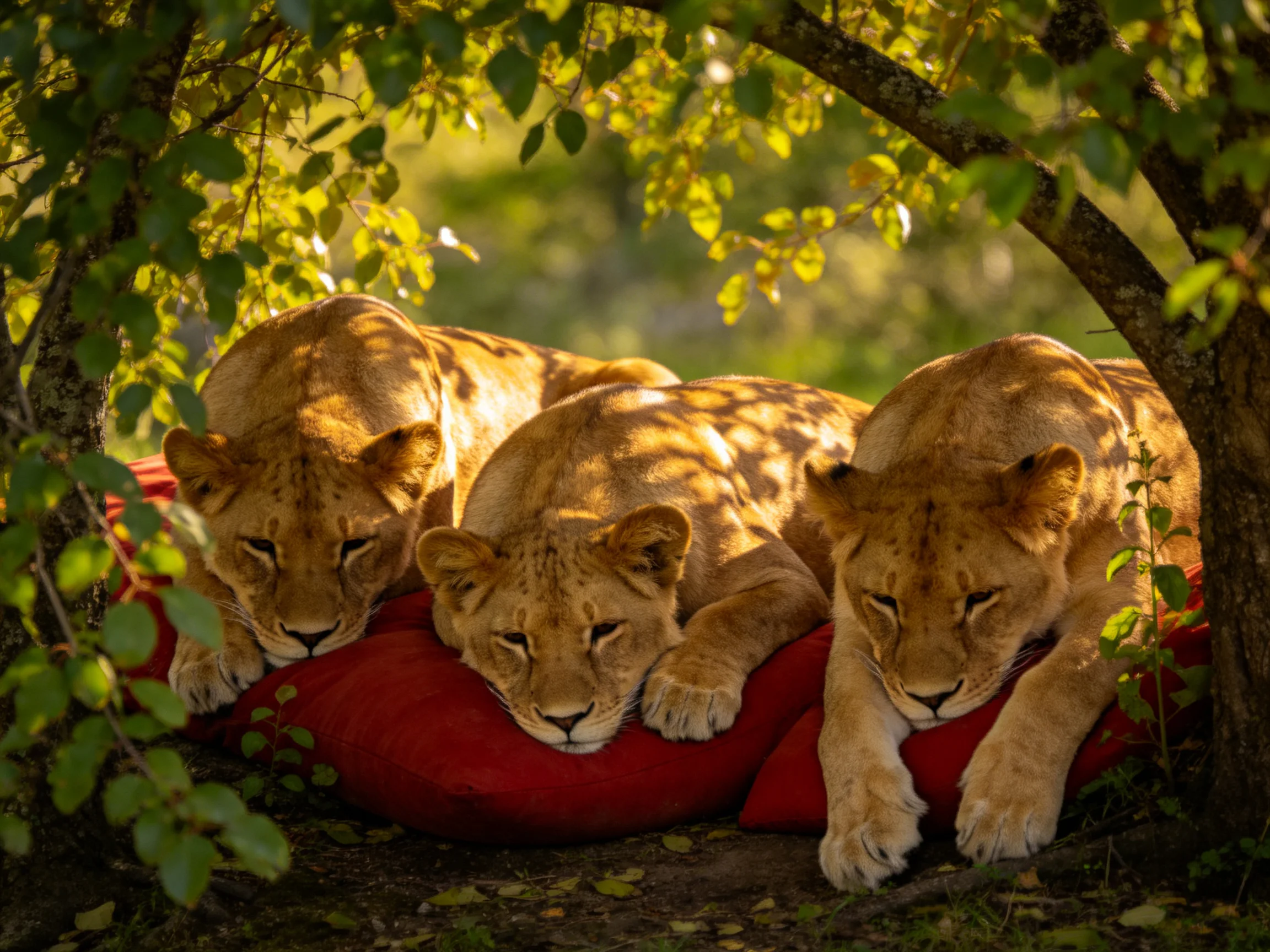 Three golden lion cubs rest on red cushions beneath leafy trees