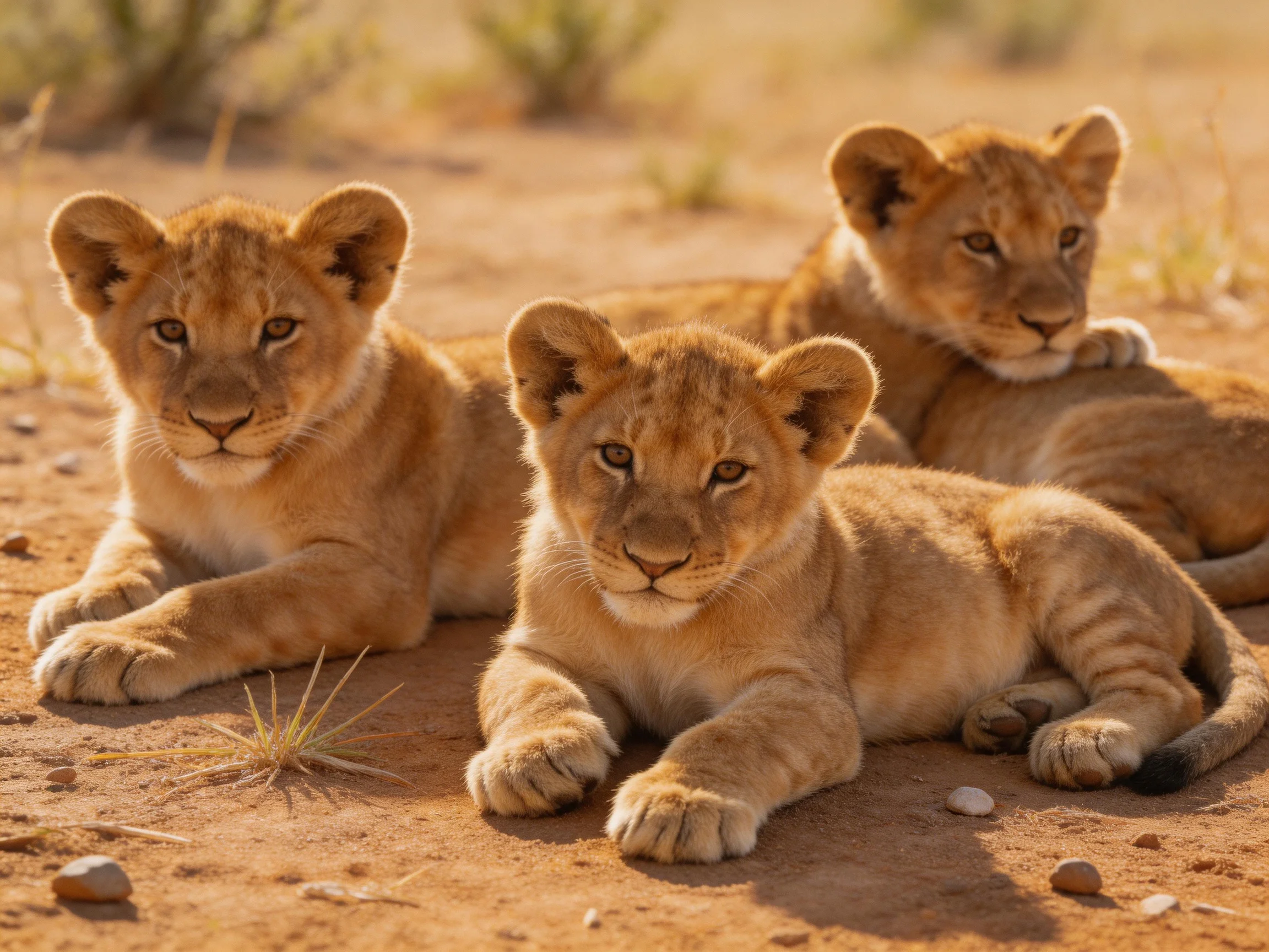 Three golden lion cubs rest together on a sunlit dirt surface.