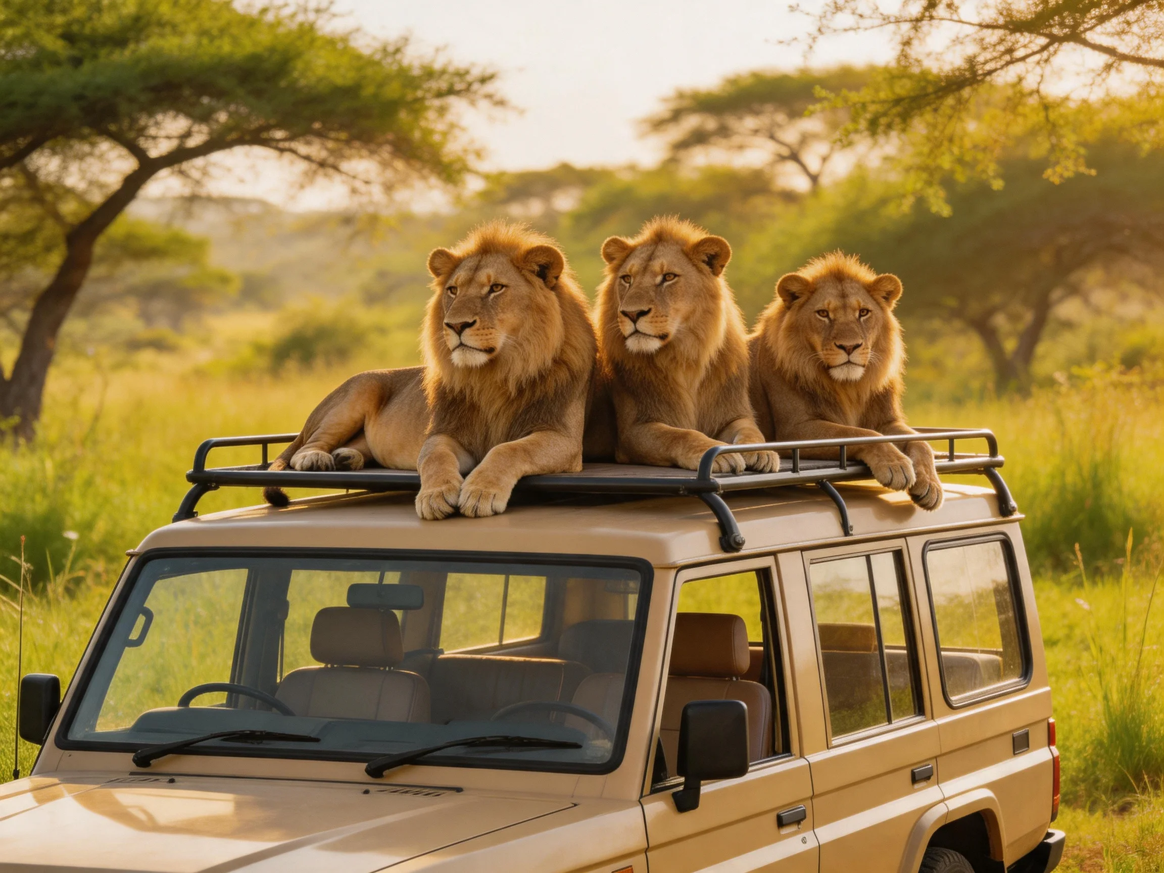 Three lions relax on top of a safari vehicle in a natural landscape.