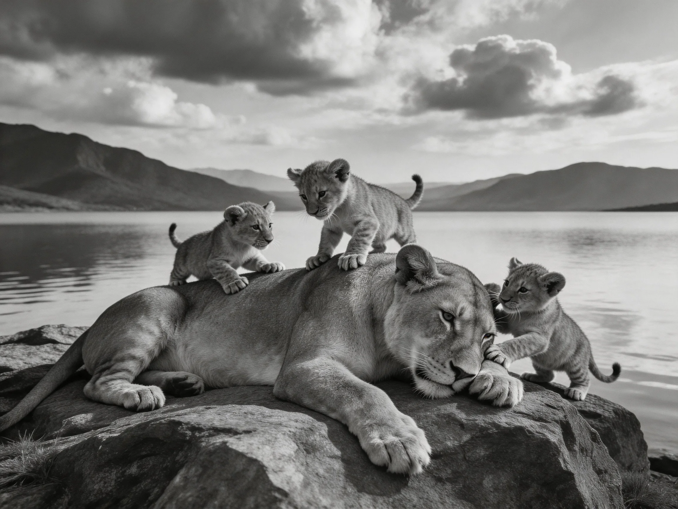 Three lion cubs and a lioness rest on a rocky shore by a tranquil lake