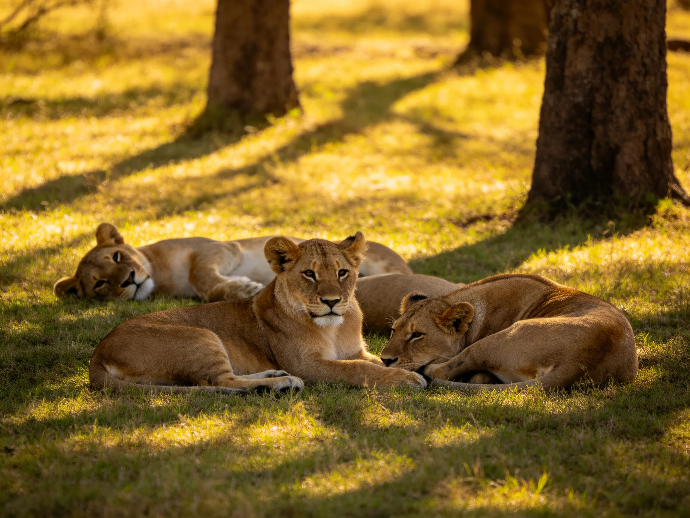 Three lion cubs rest in golden sunlight near tall tree trunks