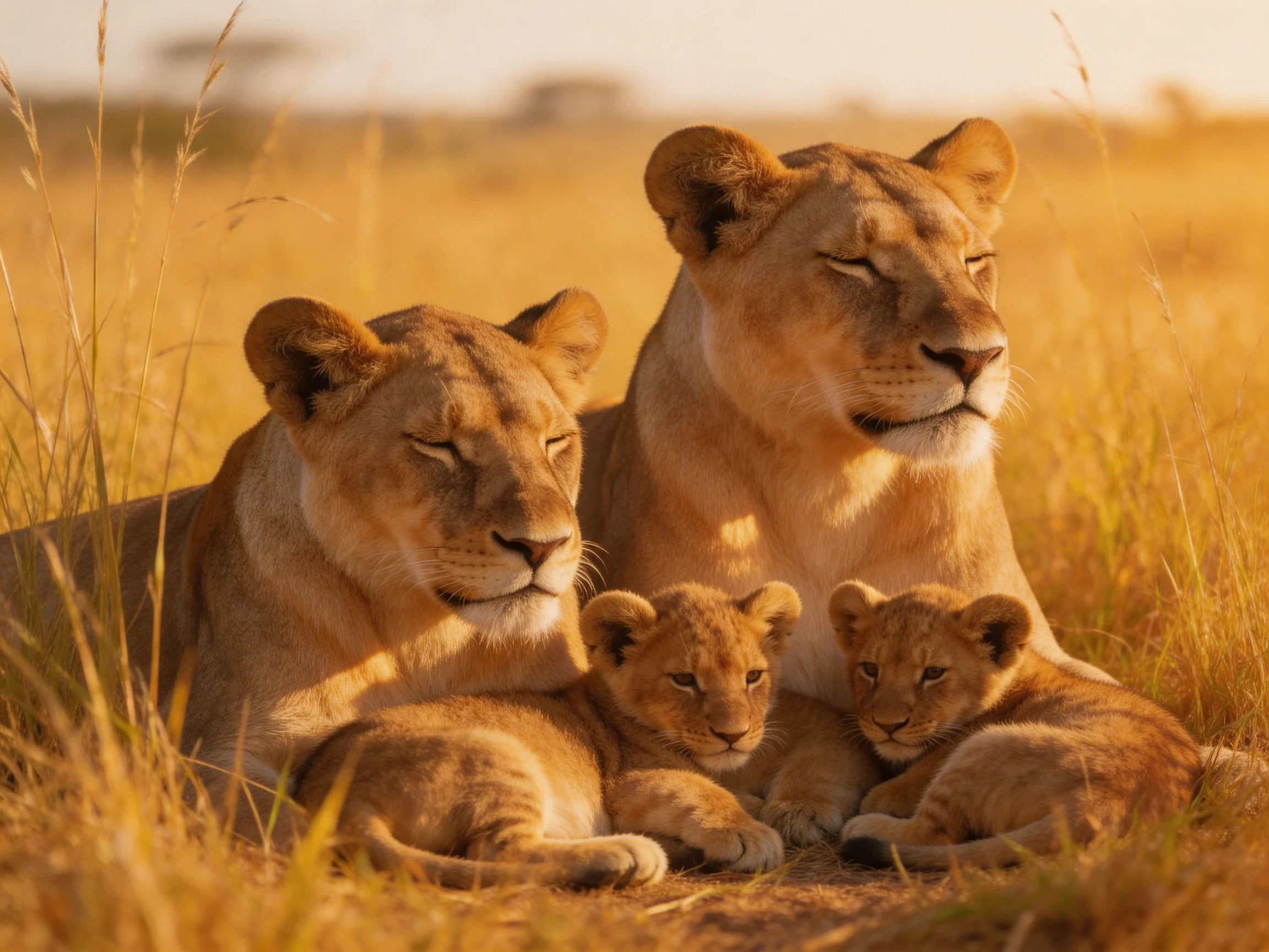 Lions and cubs rest together in golden savannah grass.