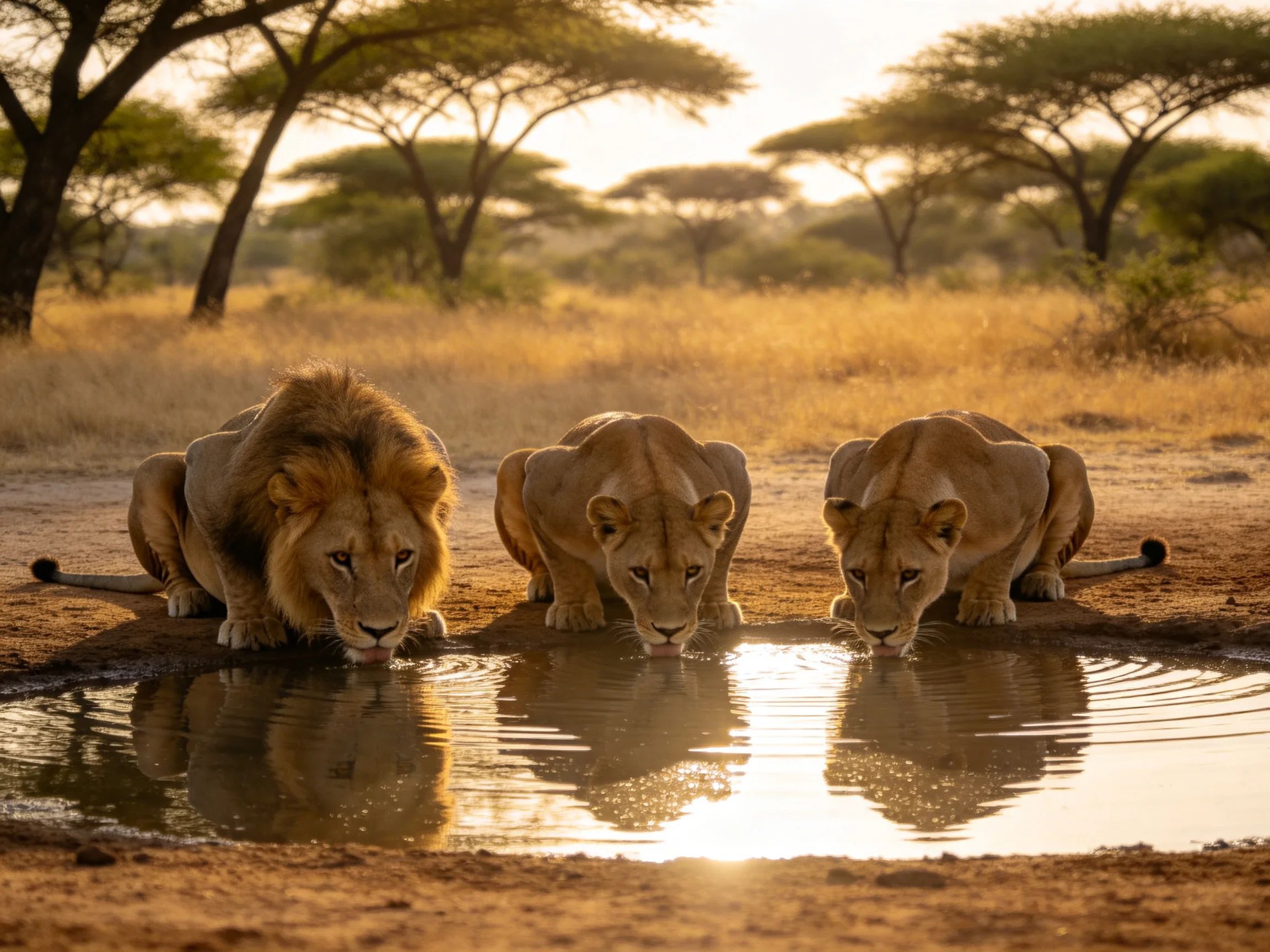 Three lions drink water in a golden savannah