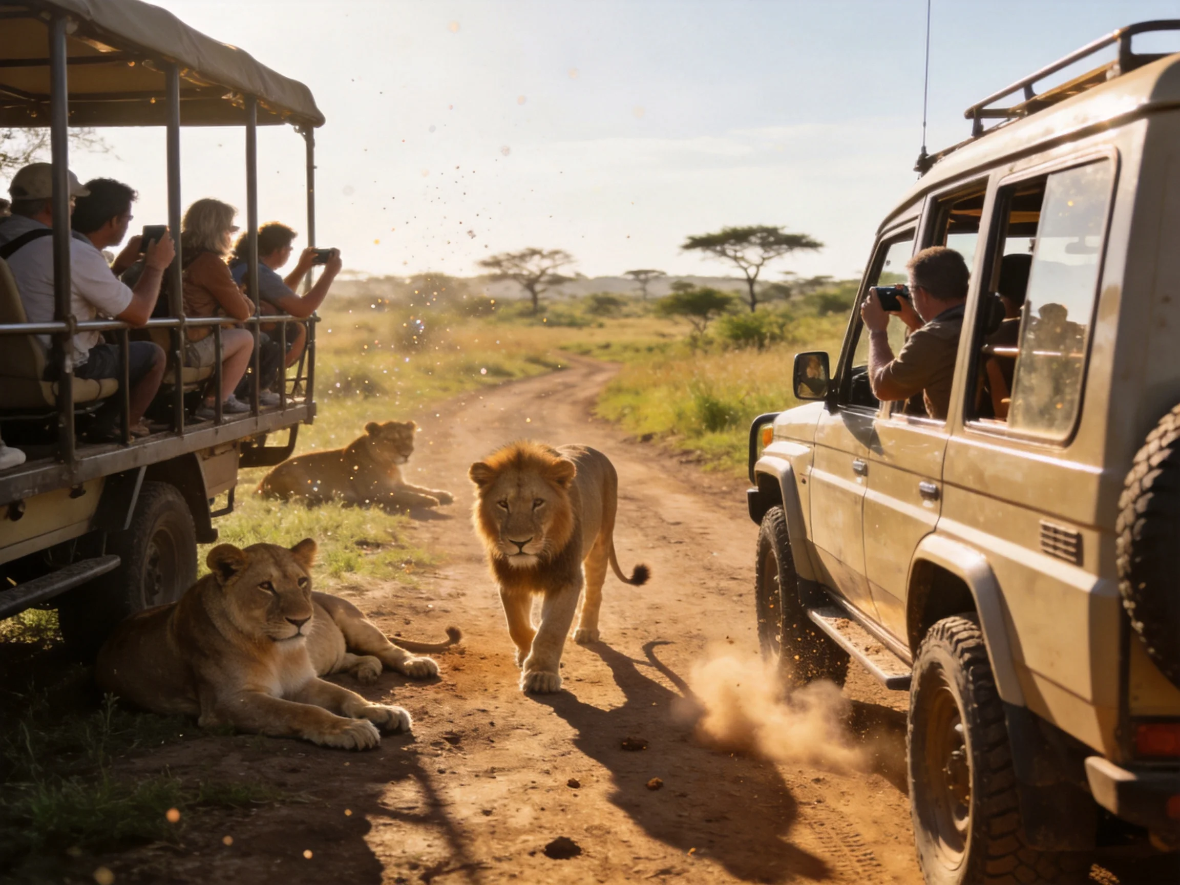 Tourists observe lions near safari vehicles in a savannah