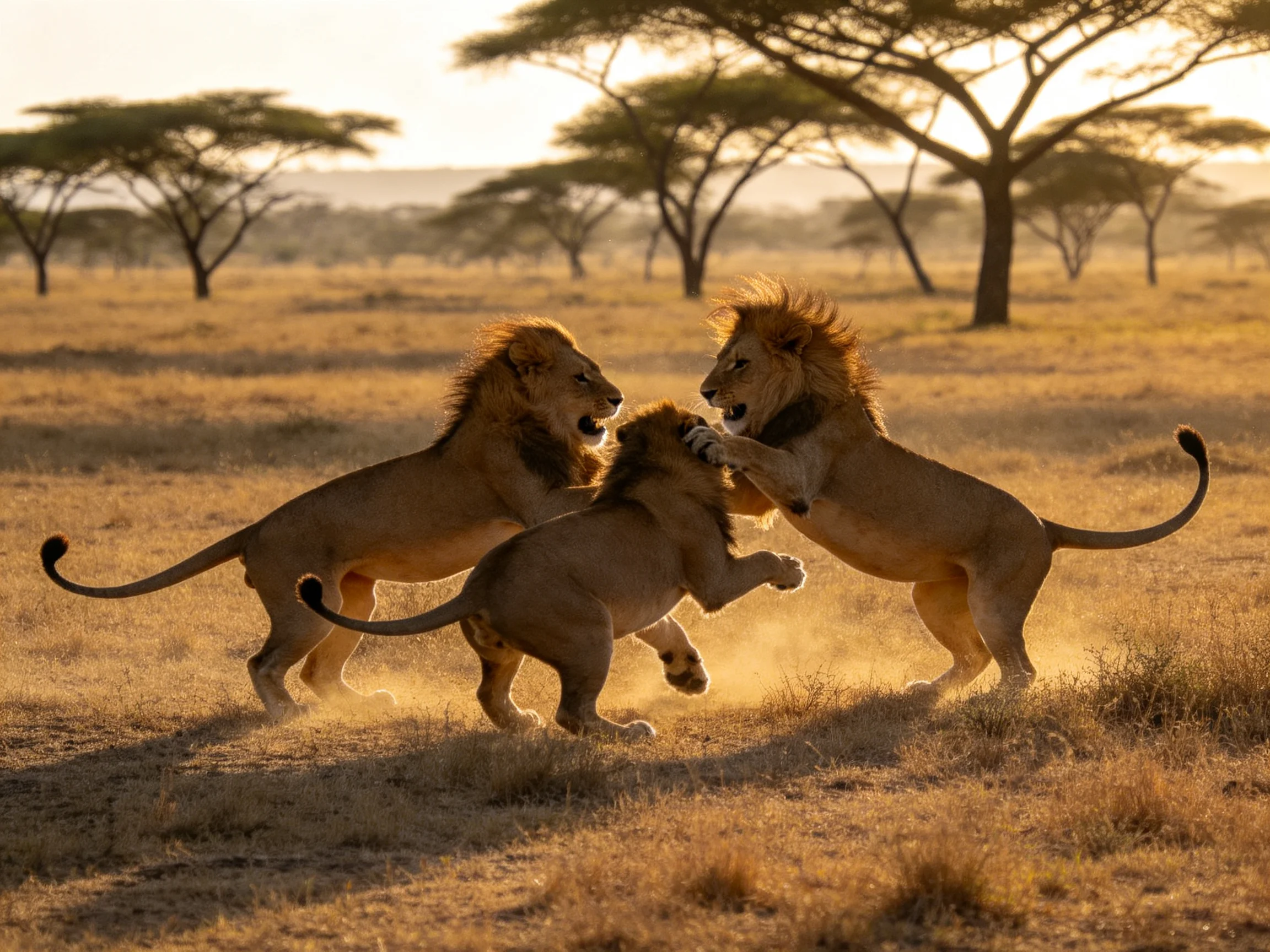 Three lions spar in a golden savannah landscape