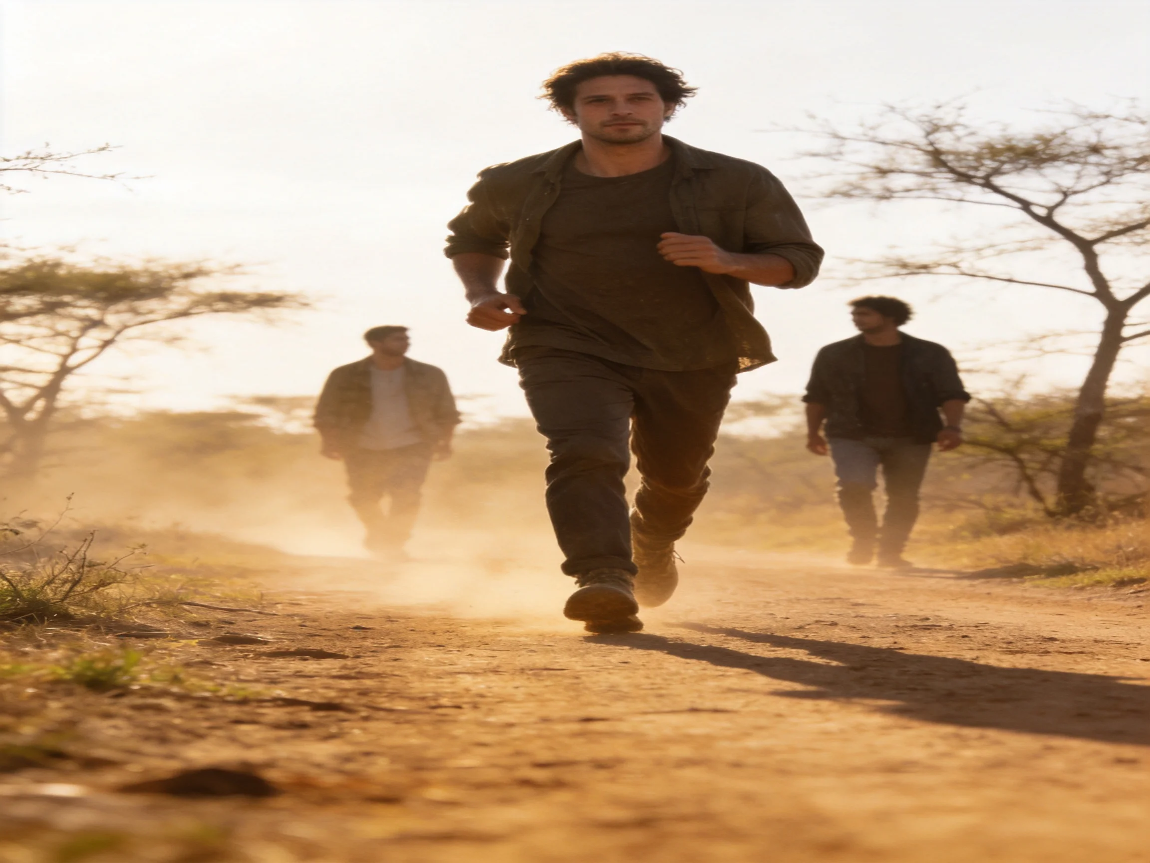 Three men run along a dusty dirt road near scattered trees.