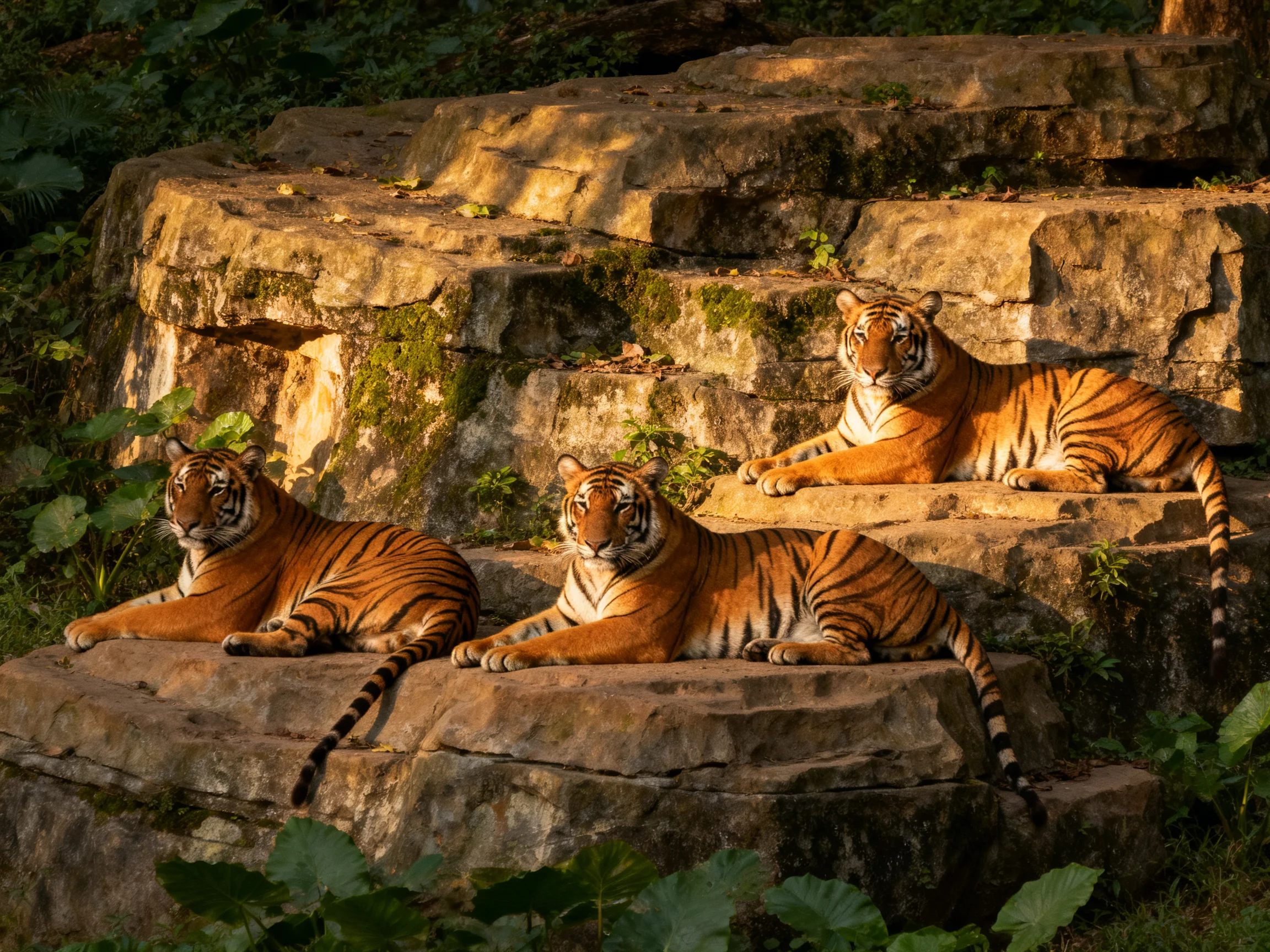 Three orange tigers rest on moss-covered stone steps
