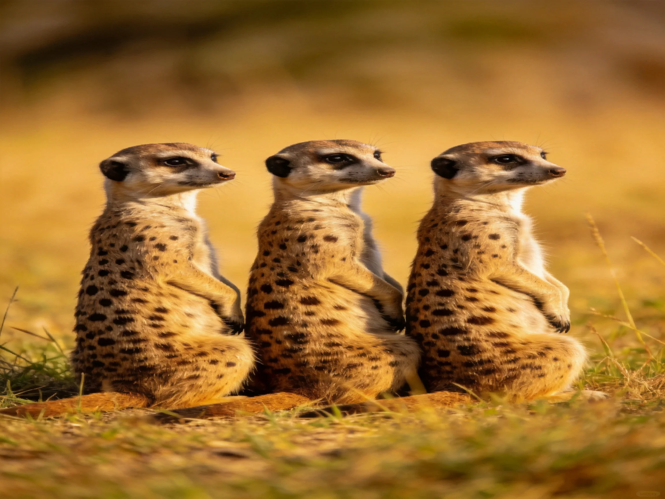 Three spotted meerkats stand alert in golden savannah grass