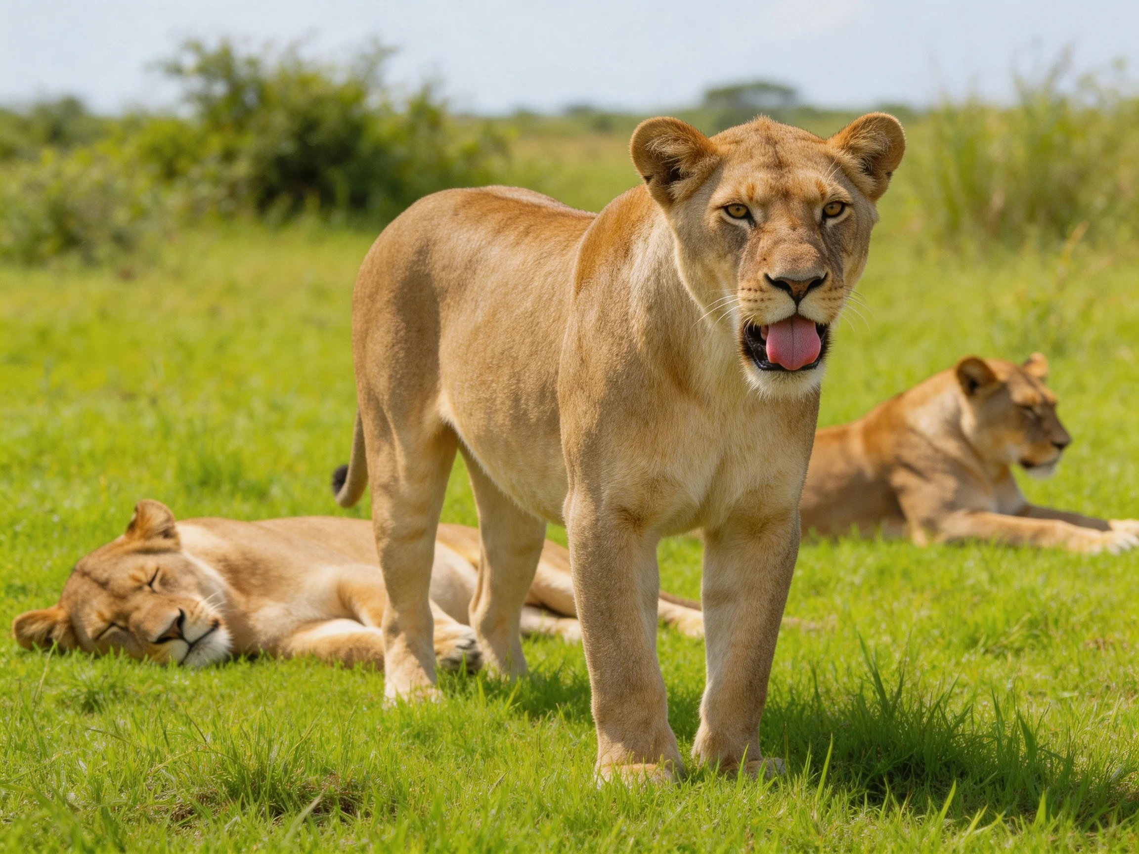 Three tan lionesses in green savannah grass