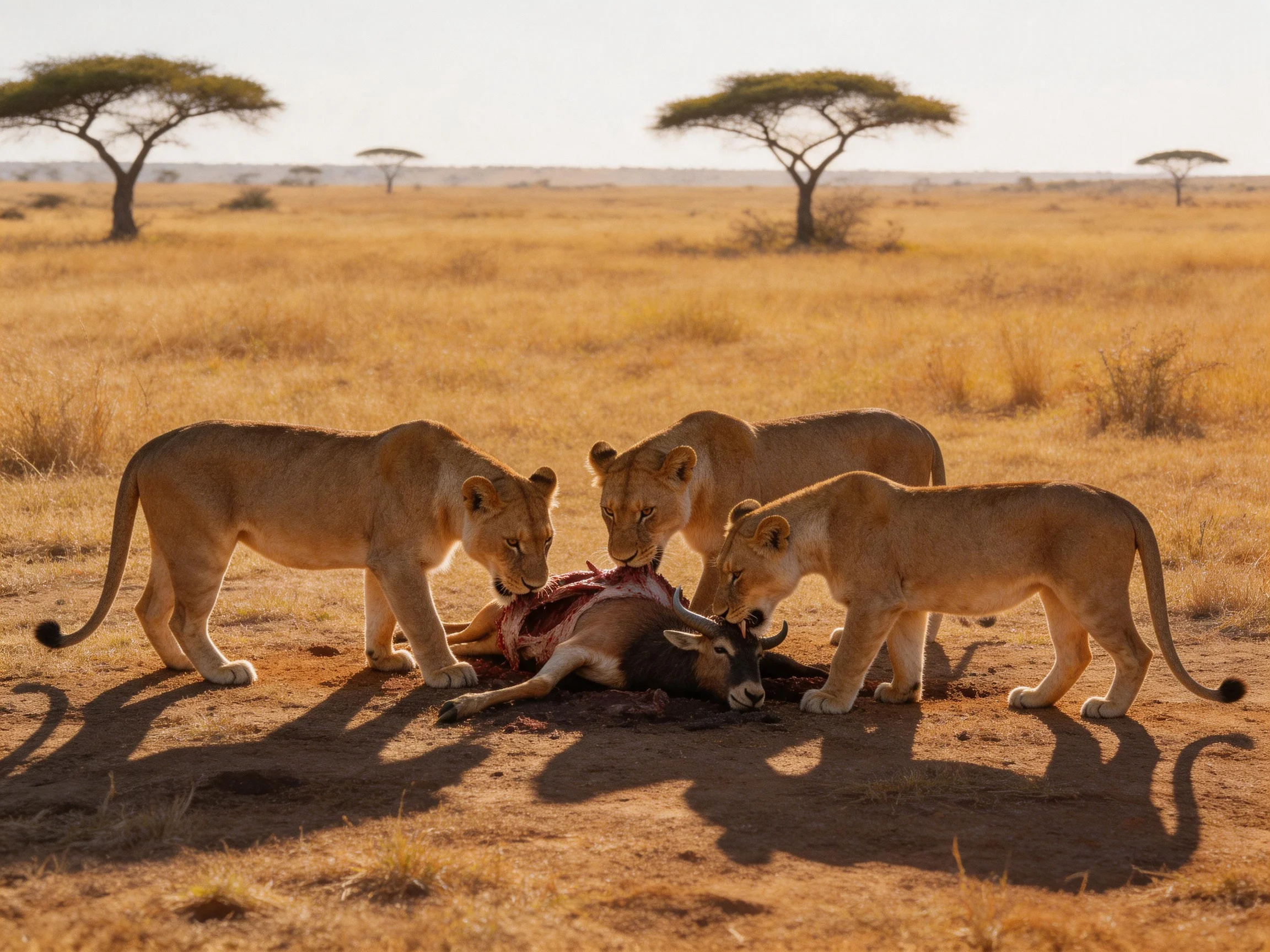 Three lionesses feed on prey together in an open savannah landscape.