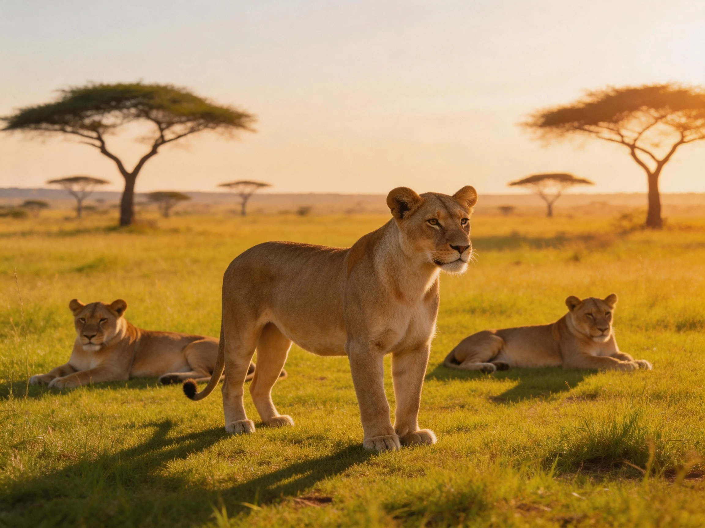 Three lionesses rest and stand in a sunlit savannah landscape.