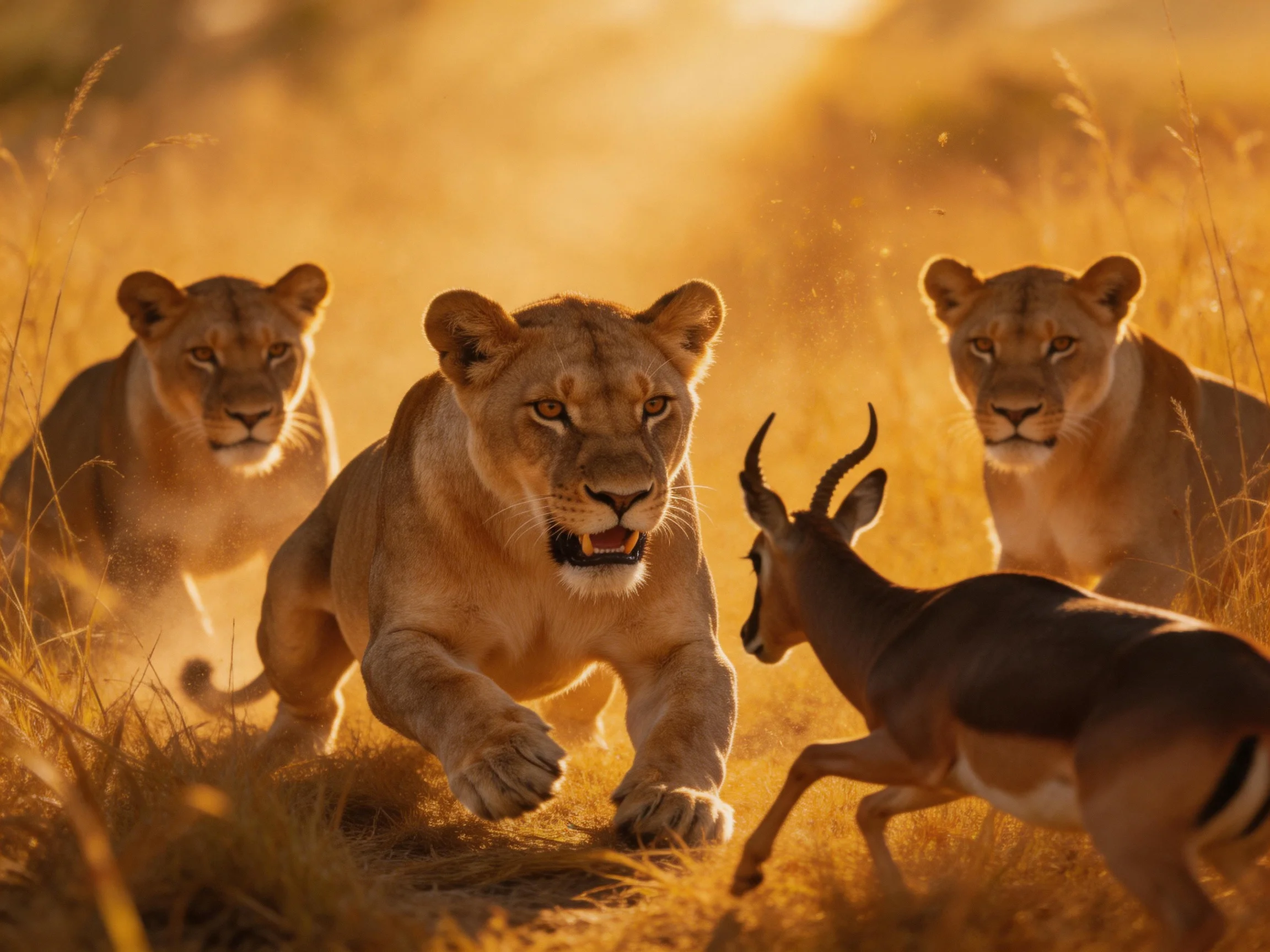 Three lionesses chase a small antelope through tall golden grass.