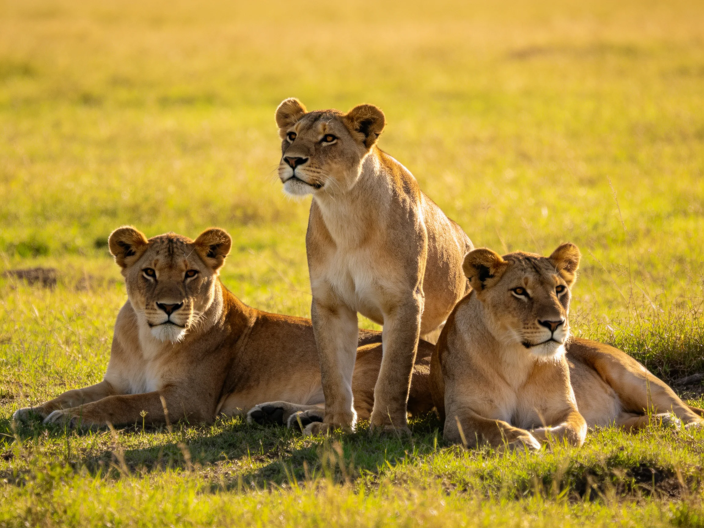 Three lionesses rest together in a sunlit savannah field.