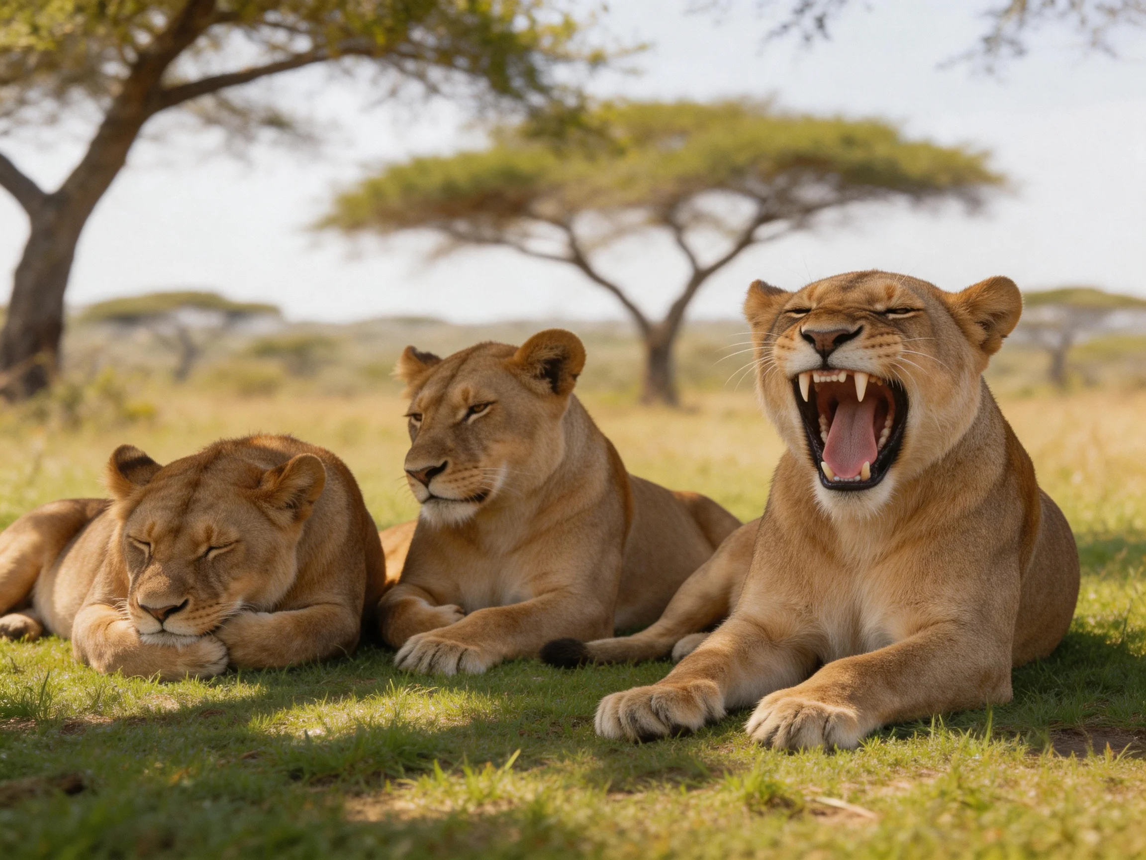 Three tawny lionesses rest on savannah grass near acacia trees