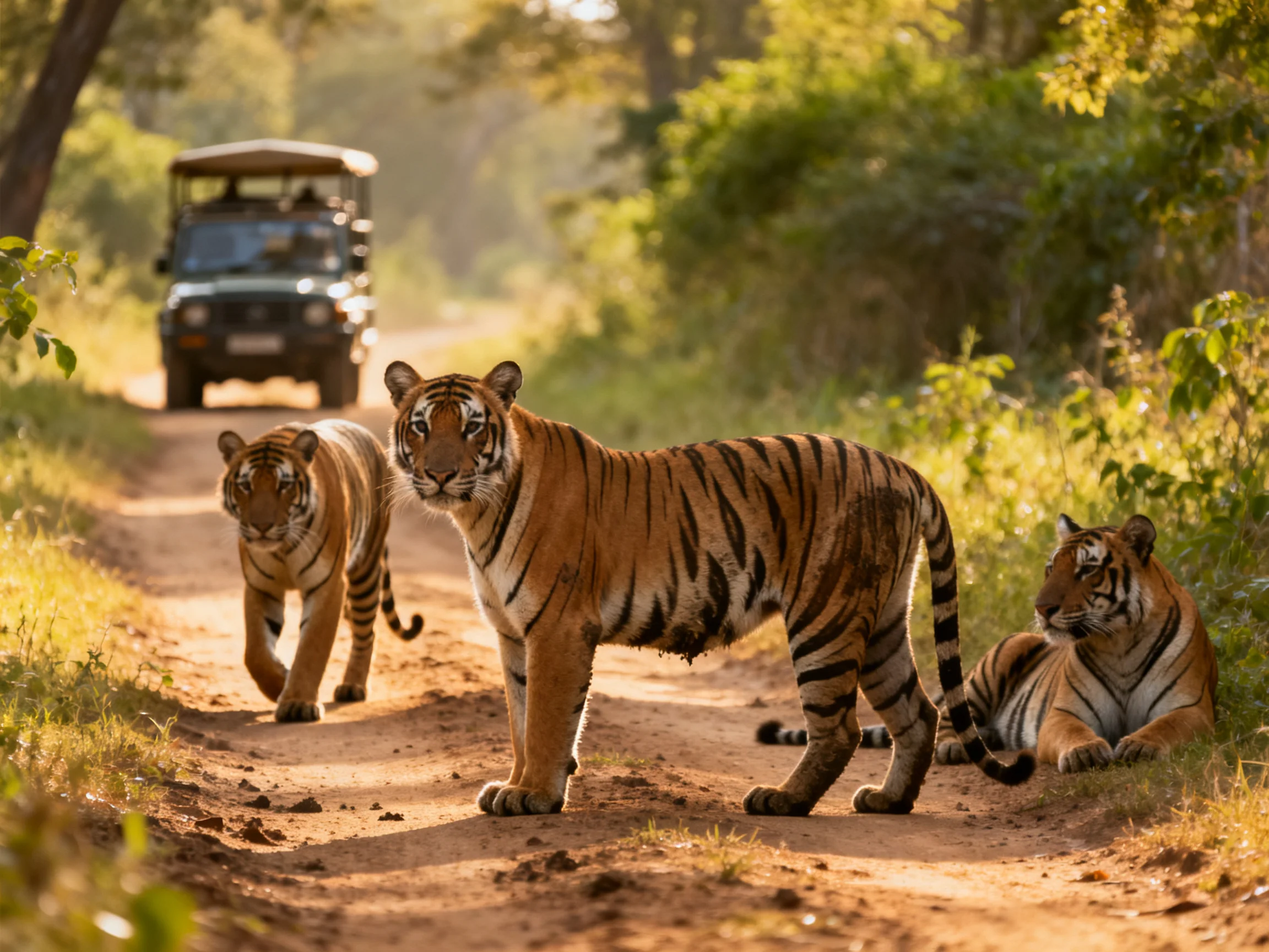 Three tigers with orange coats on a sunlit dirt path beside a jeep