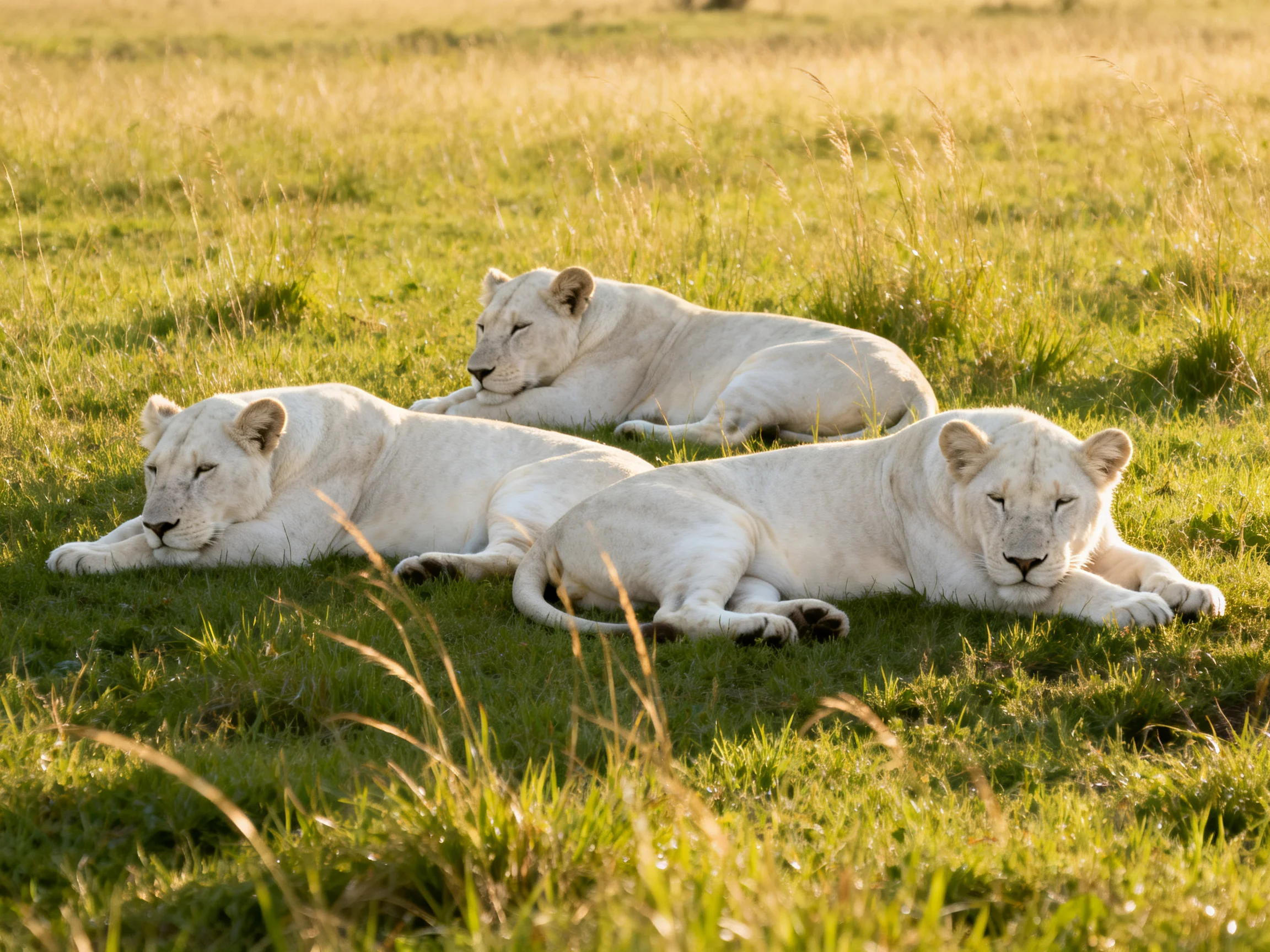 Three white lion cubs lounging on sun-drenched savannah grass