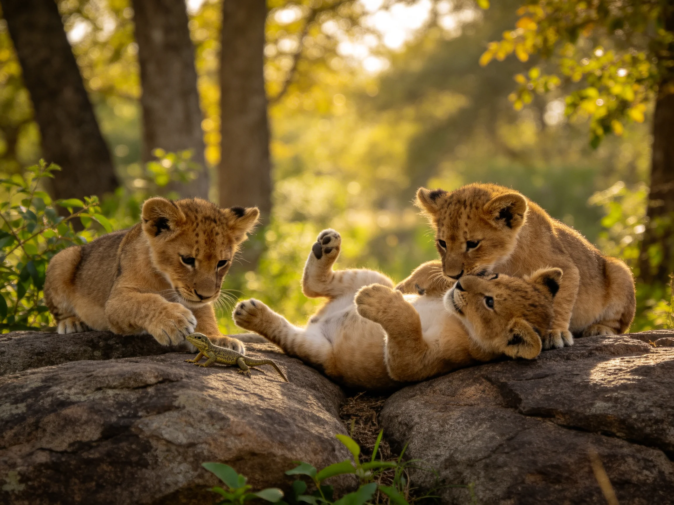 Three young lion cubs exploring rocks, lizard, and sunlit forest