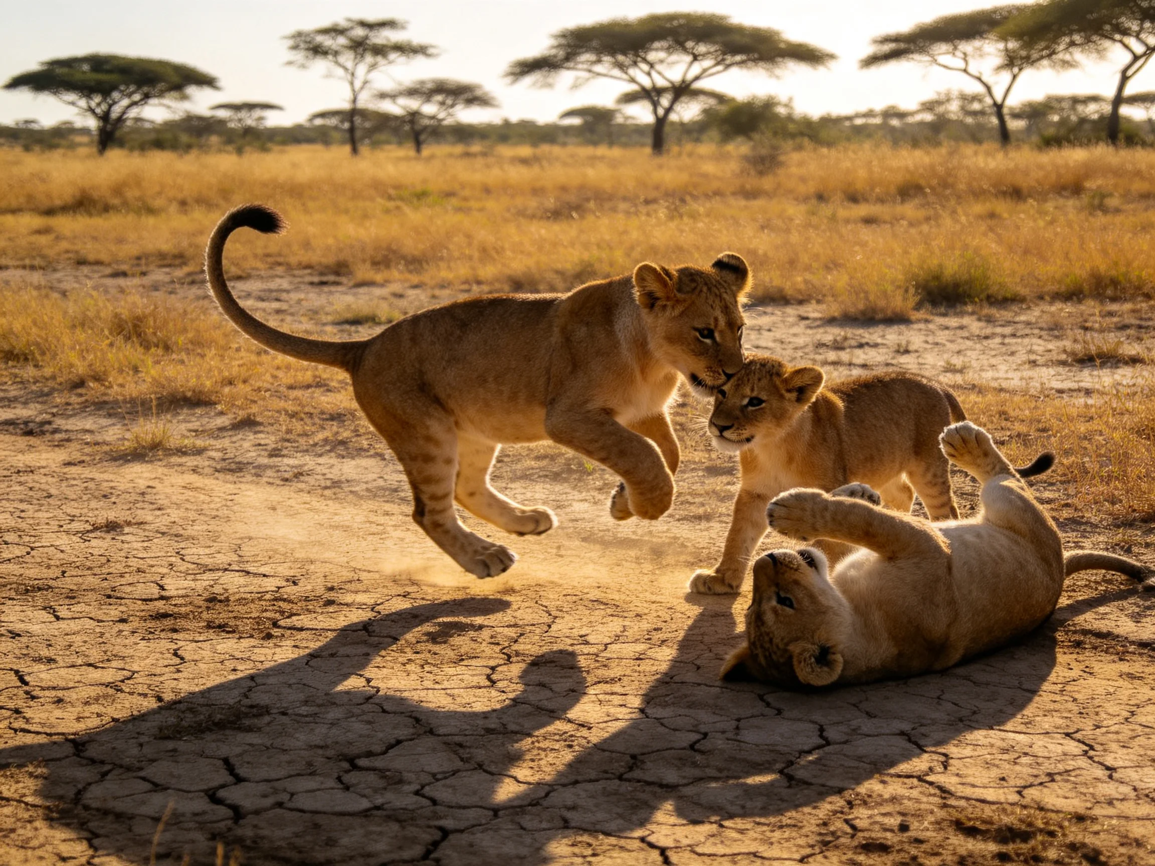 Three young lion cubs frolic on cracked earth under golden sunlight