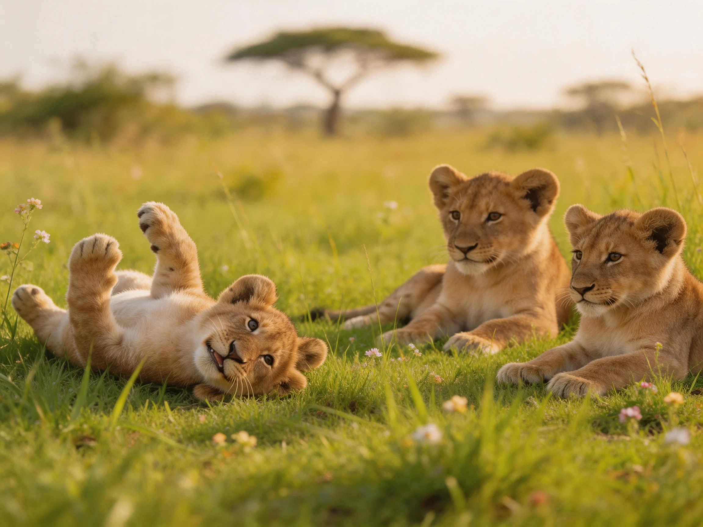Three young lion cubs relax in sunlit savannah grass