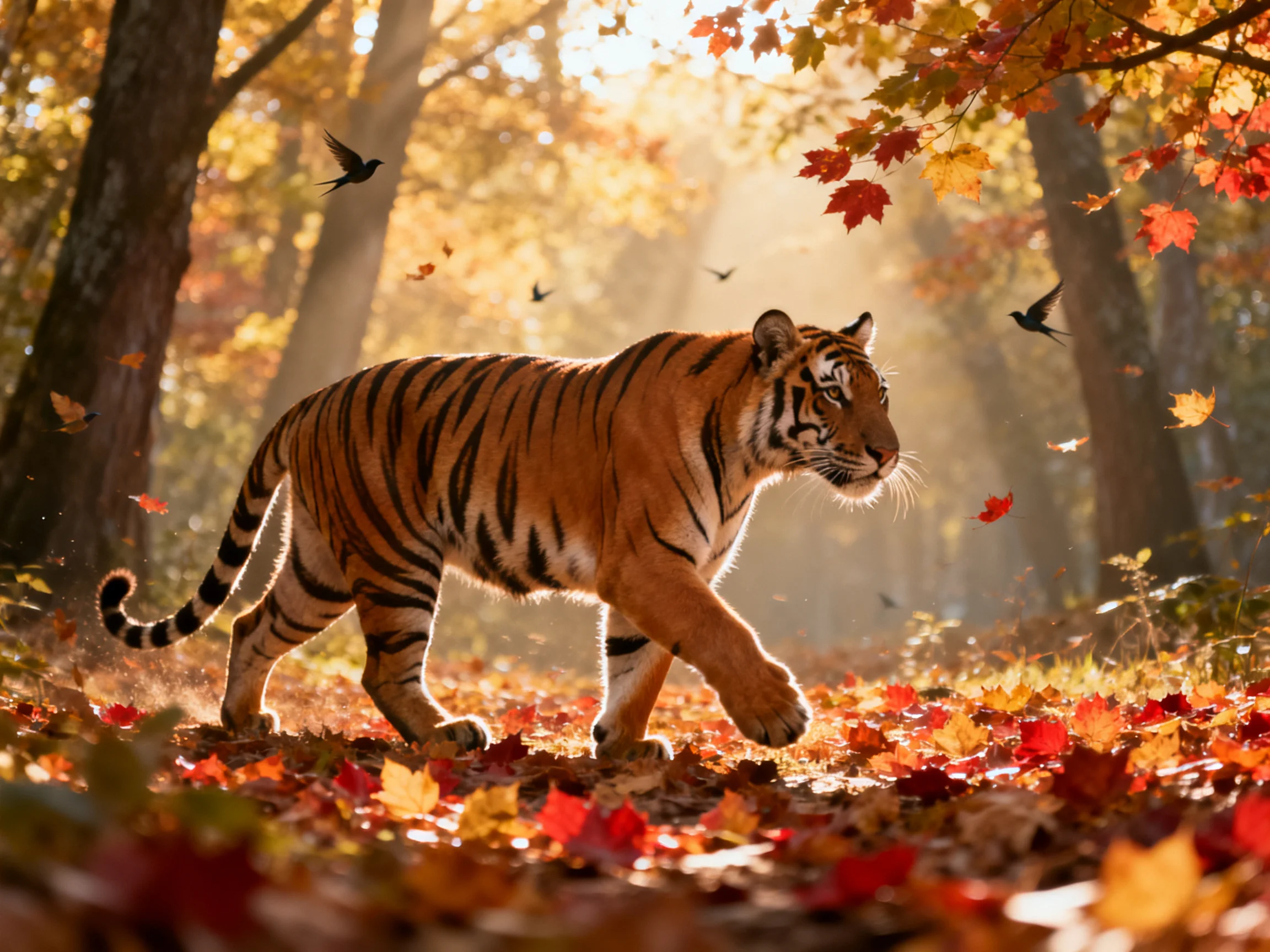 Tiger walks amid vibrant fall forest with golden leaves