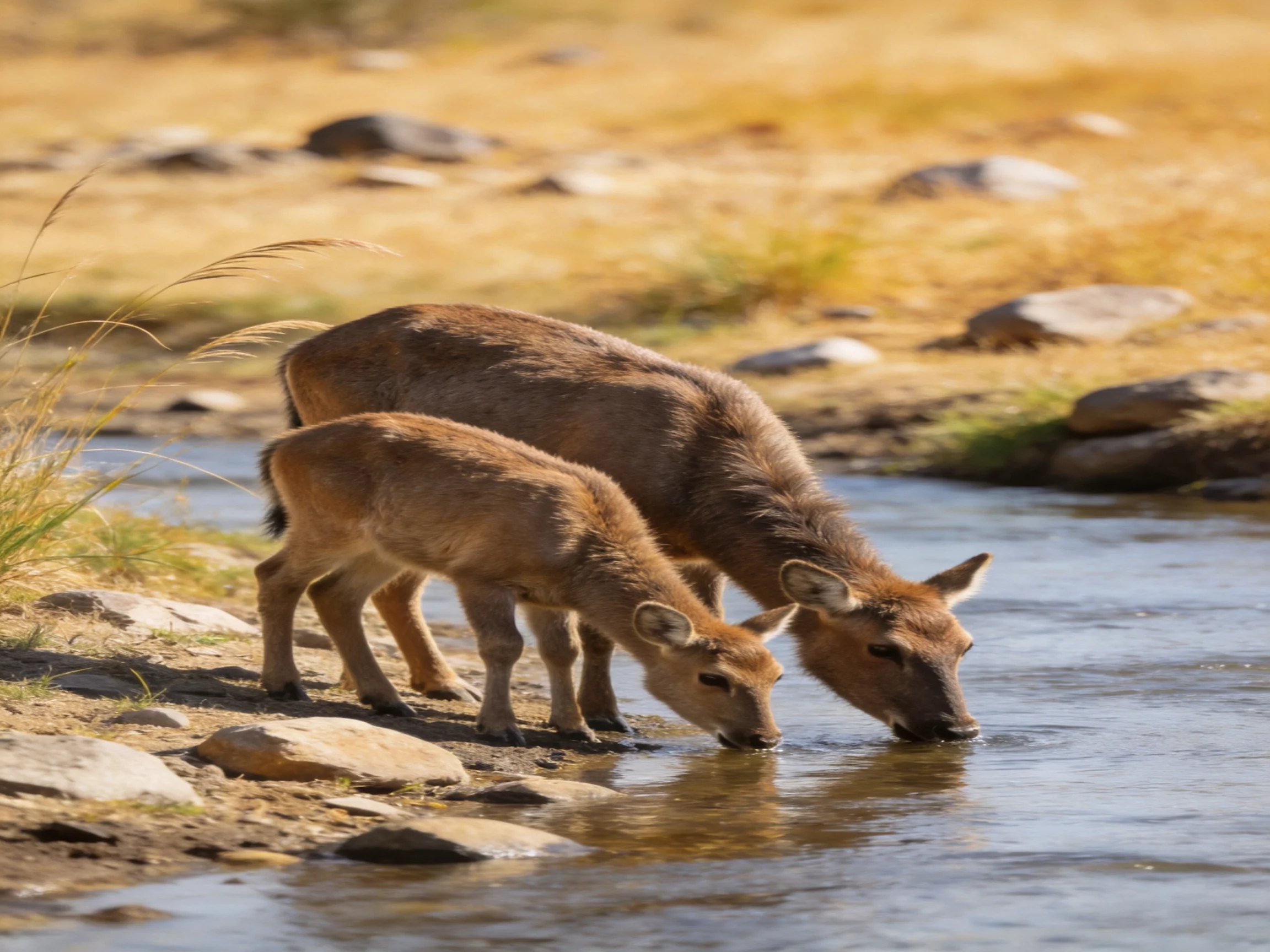 Two deer - like animals drink from a stream in a rocky, grassy area.