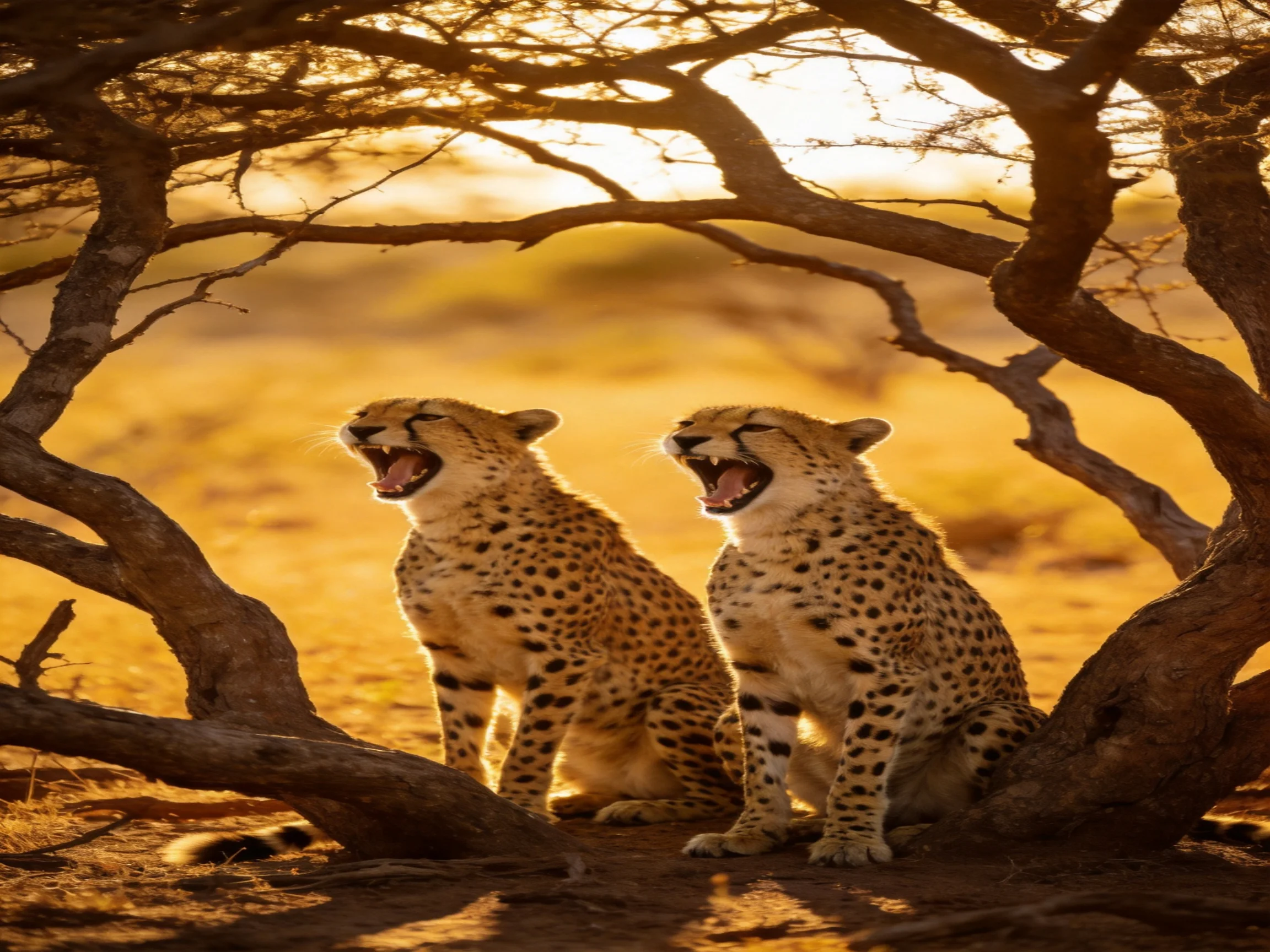 Two cheetah cubs yawning beneath twisted acacia branches in golden savannah light