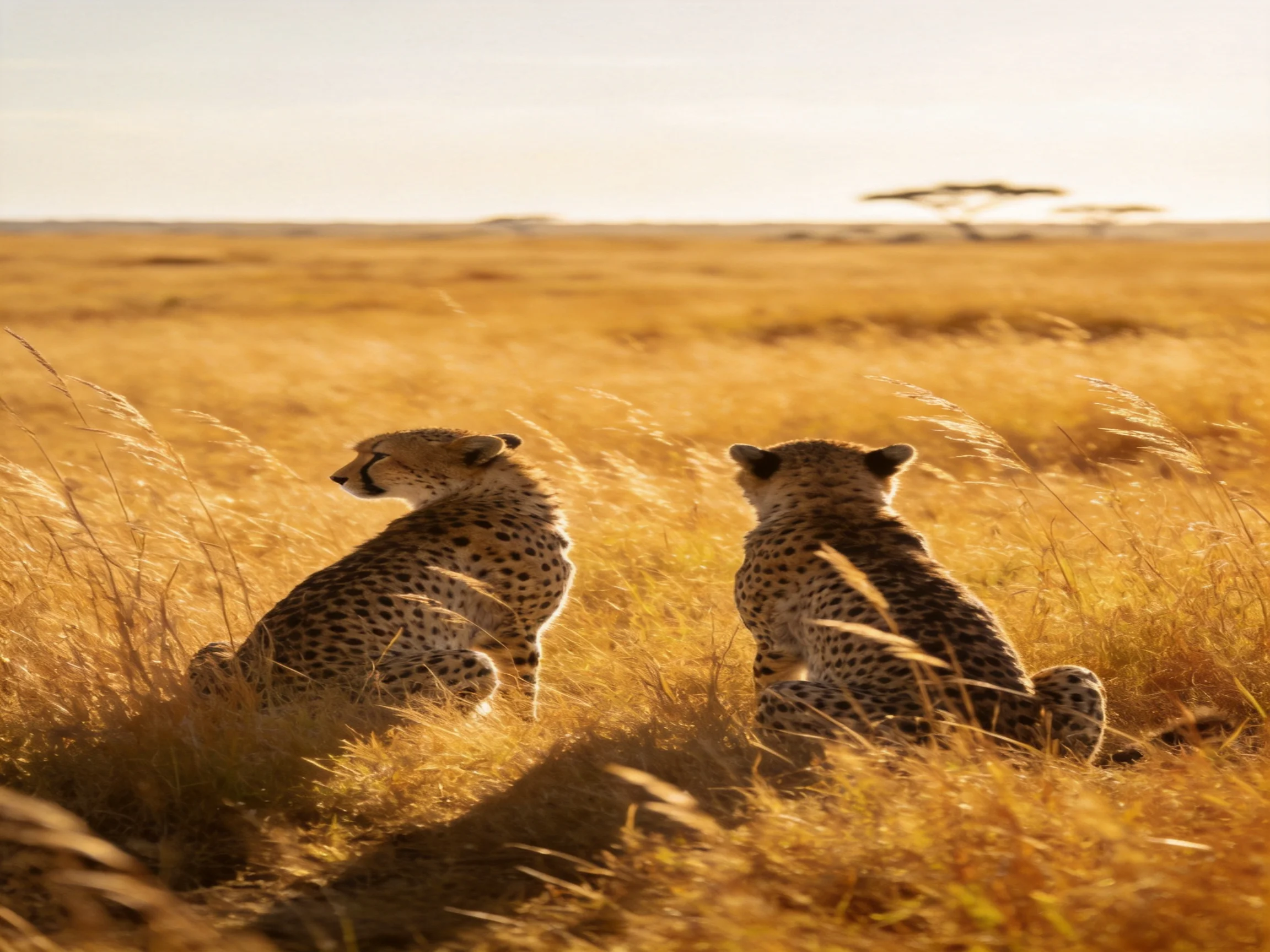 Two cheetahs in golden savannah grasslands under bright sunlight