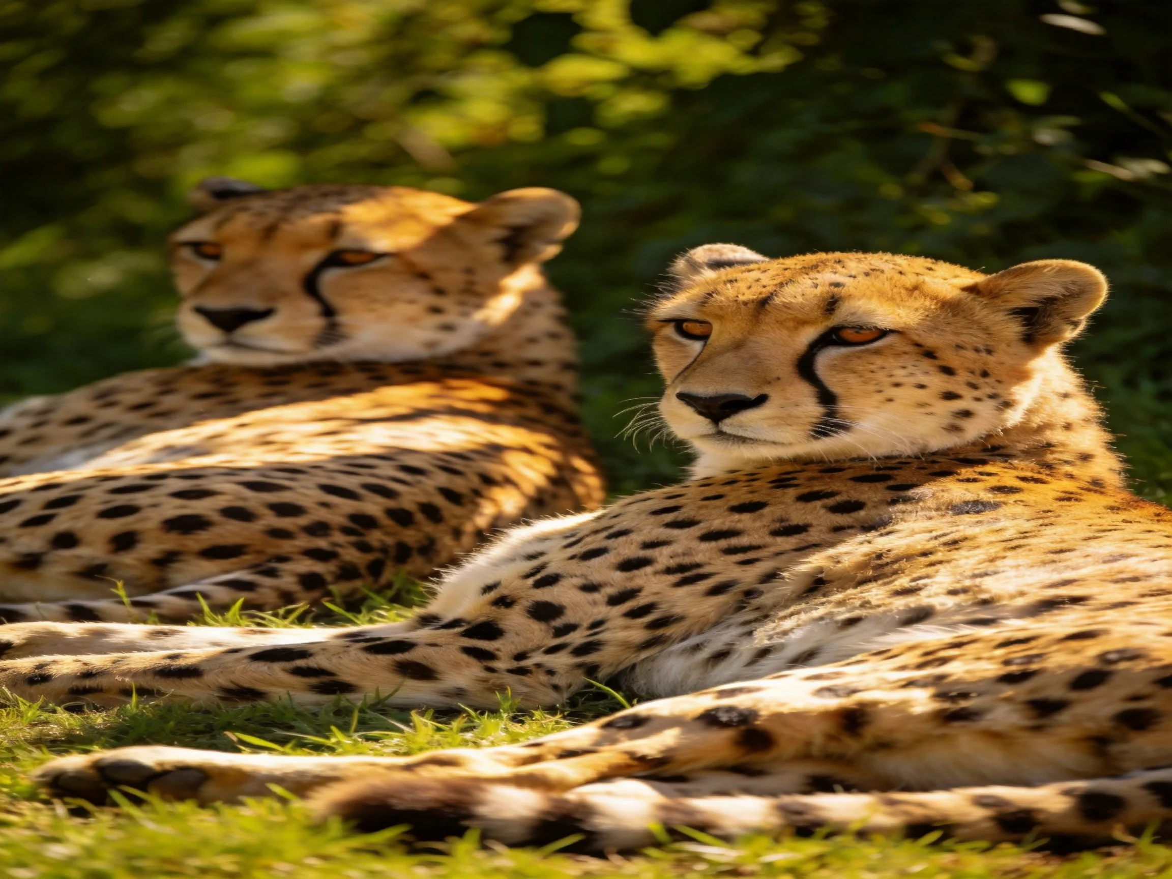 Two cheetahs rest in sunlit greenery with golden-spotted coats