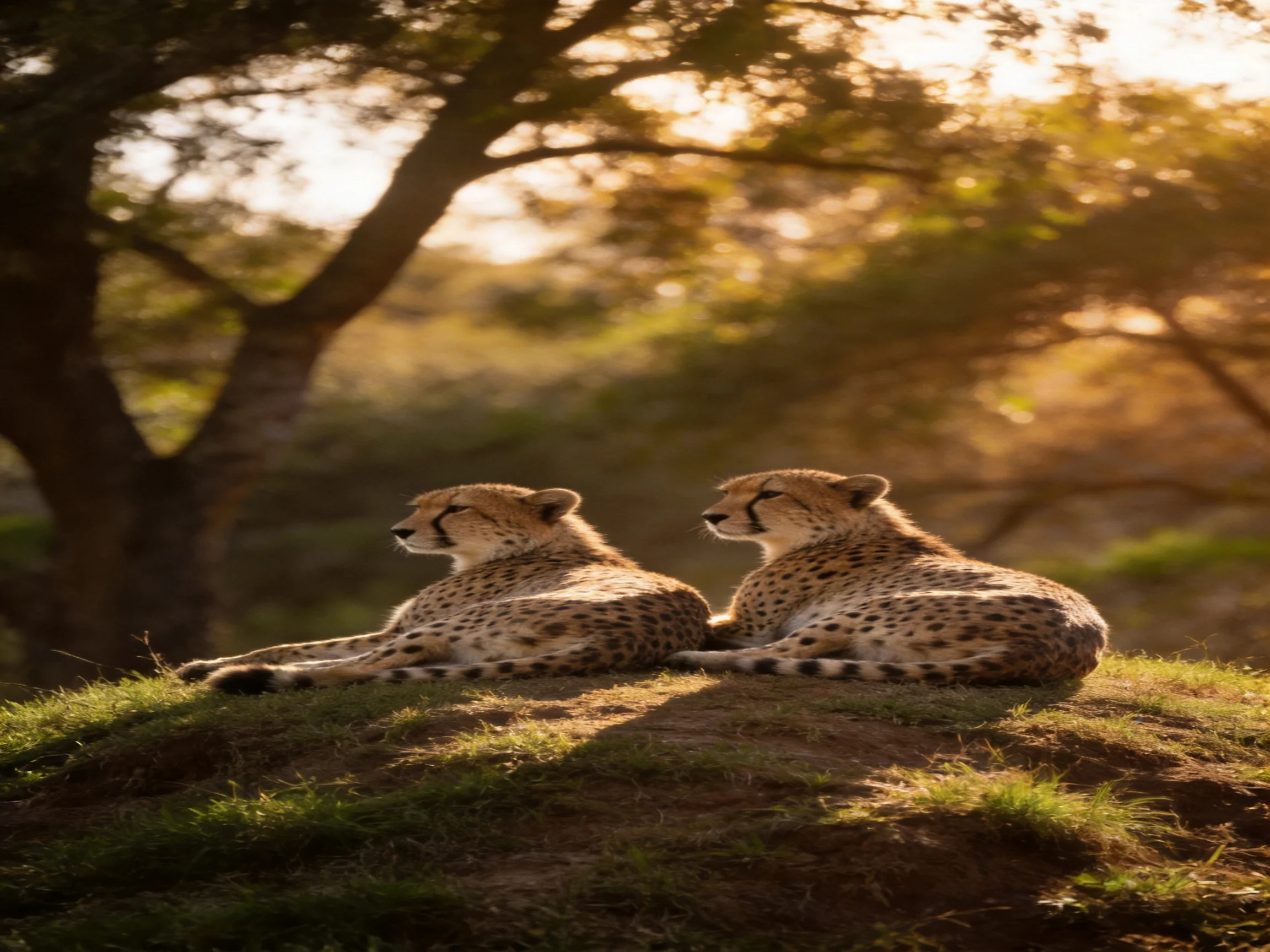 Two cheetahs rest on a mossy mound under golden sunlight filtering through trees