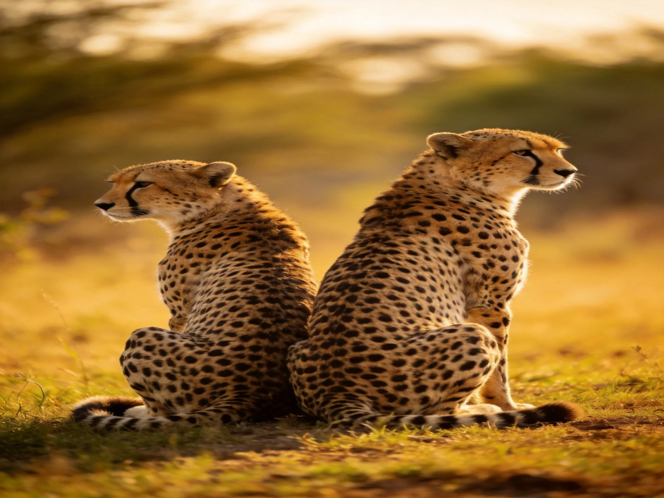 Two cheetahs sit back-to-back in golden savannah light