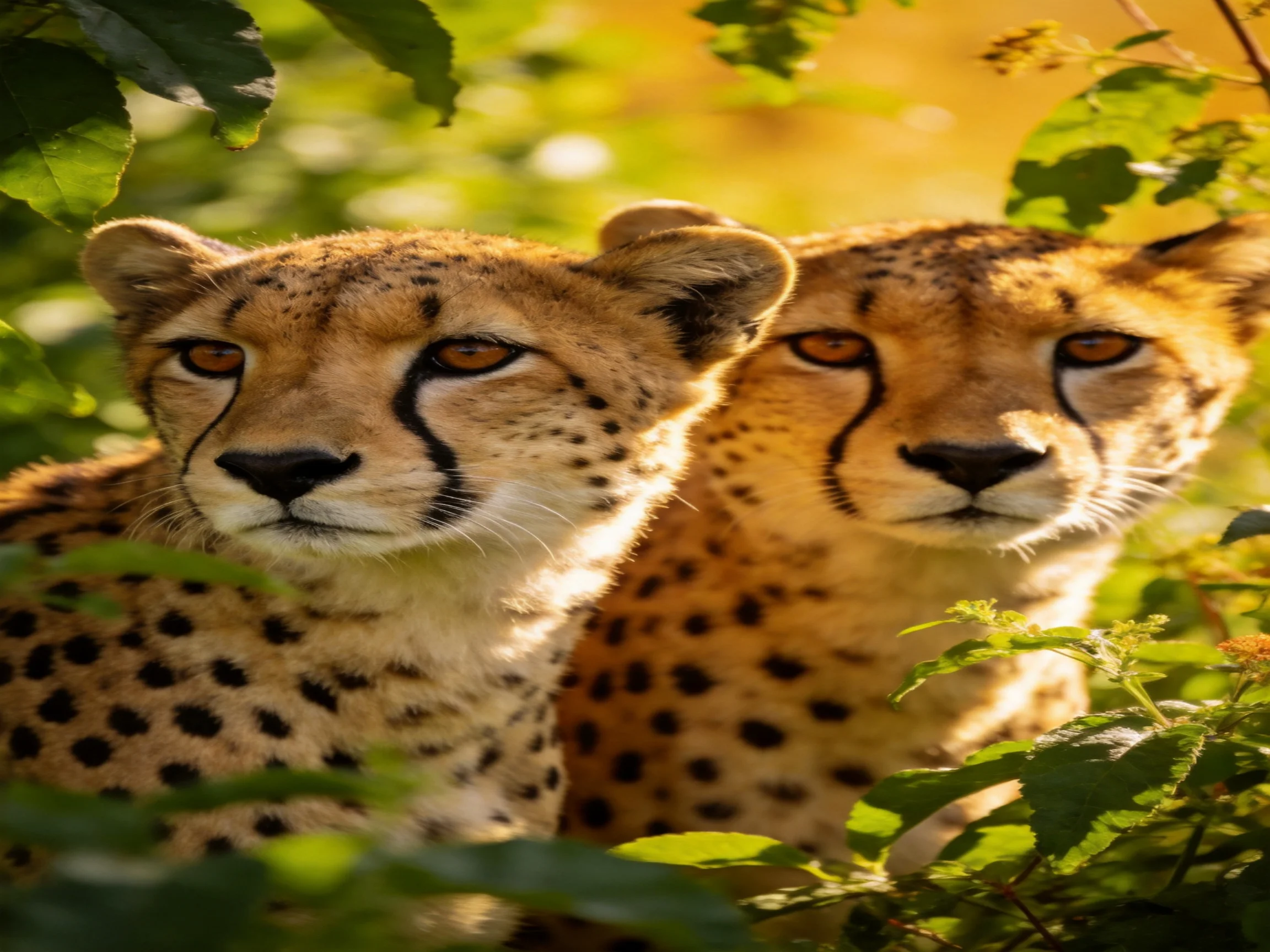 Two cheetahs with golden spotted coats amid dense green foliage