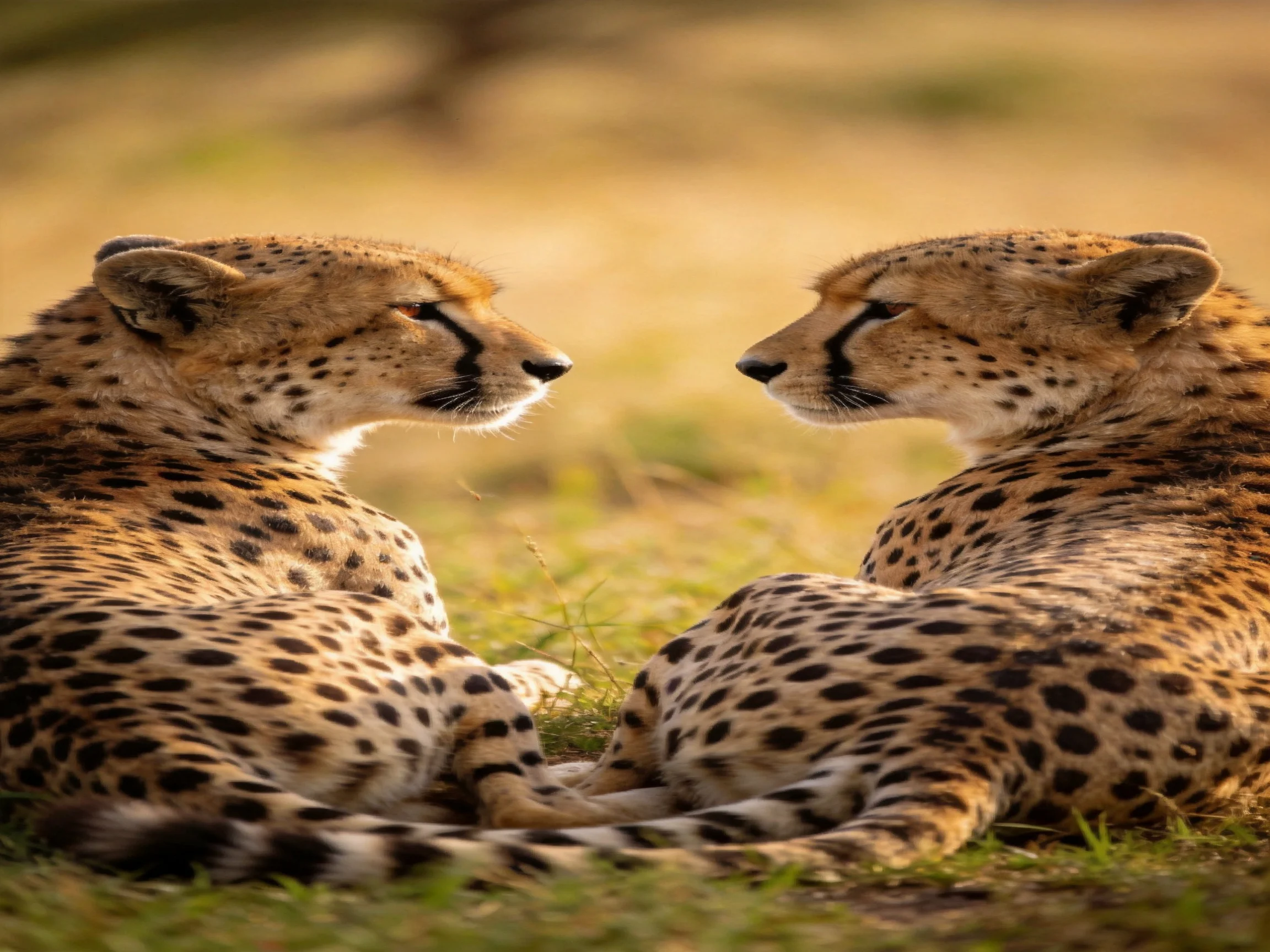 Two cheetahs with spotted coats resting face-to-face in a sunlit savannah
