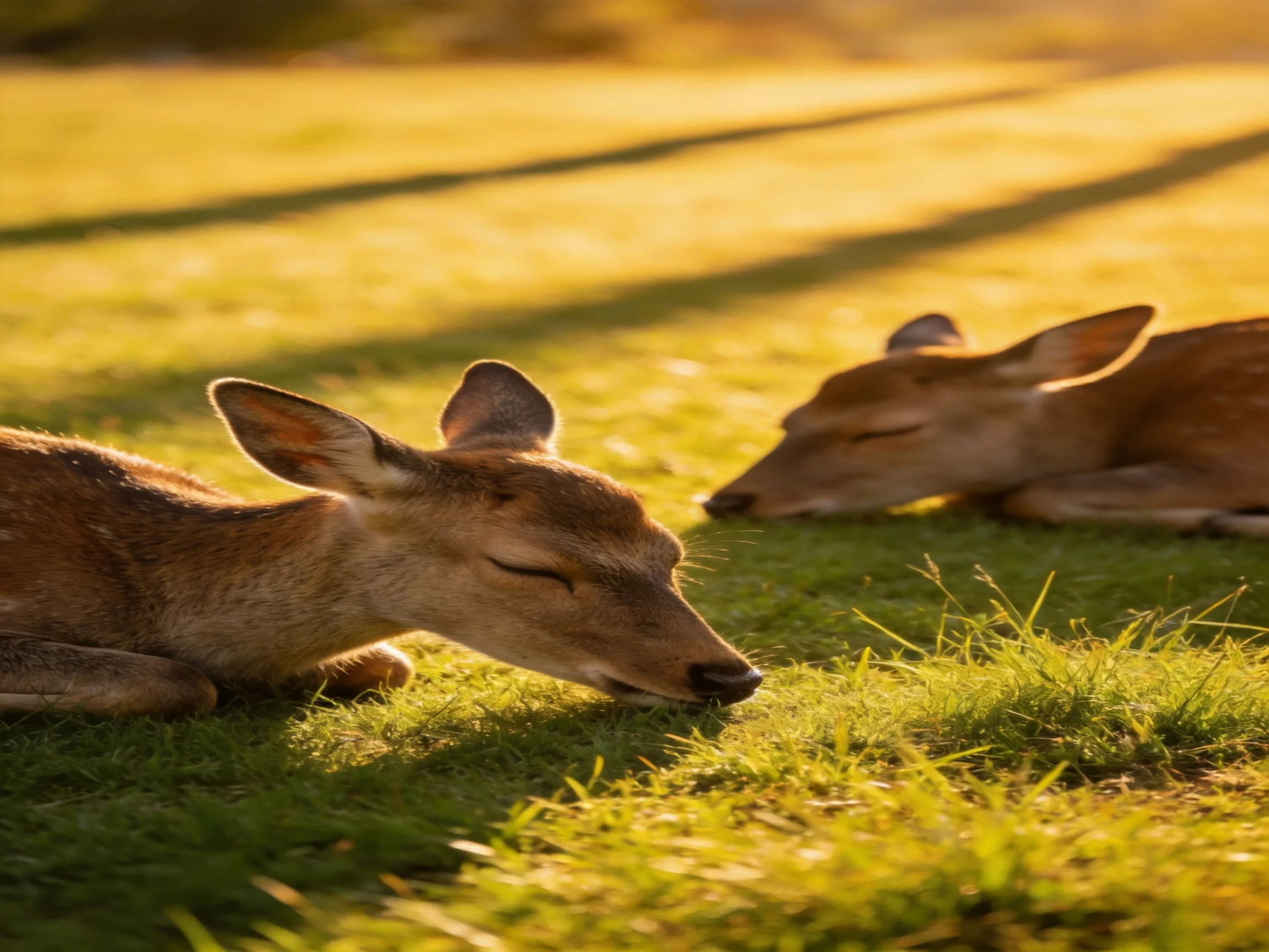 Two deer sleep peacefully on sunlit grass in a calm environment.