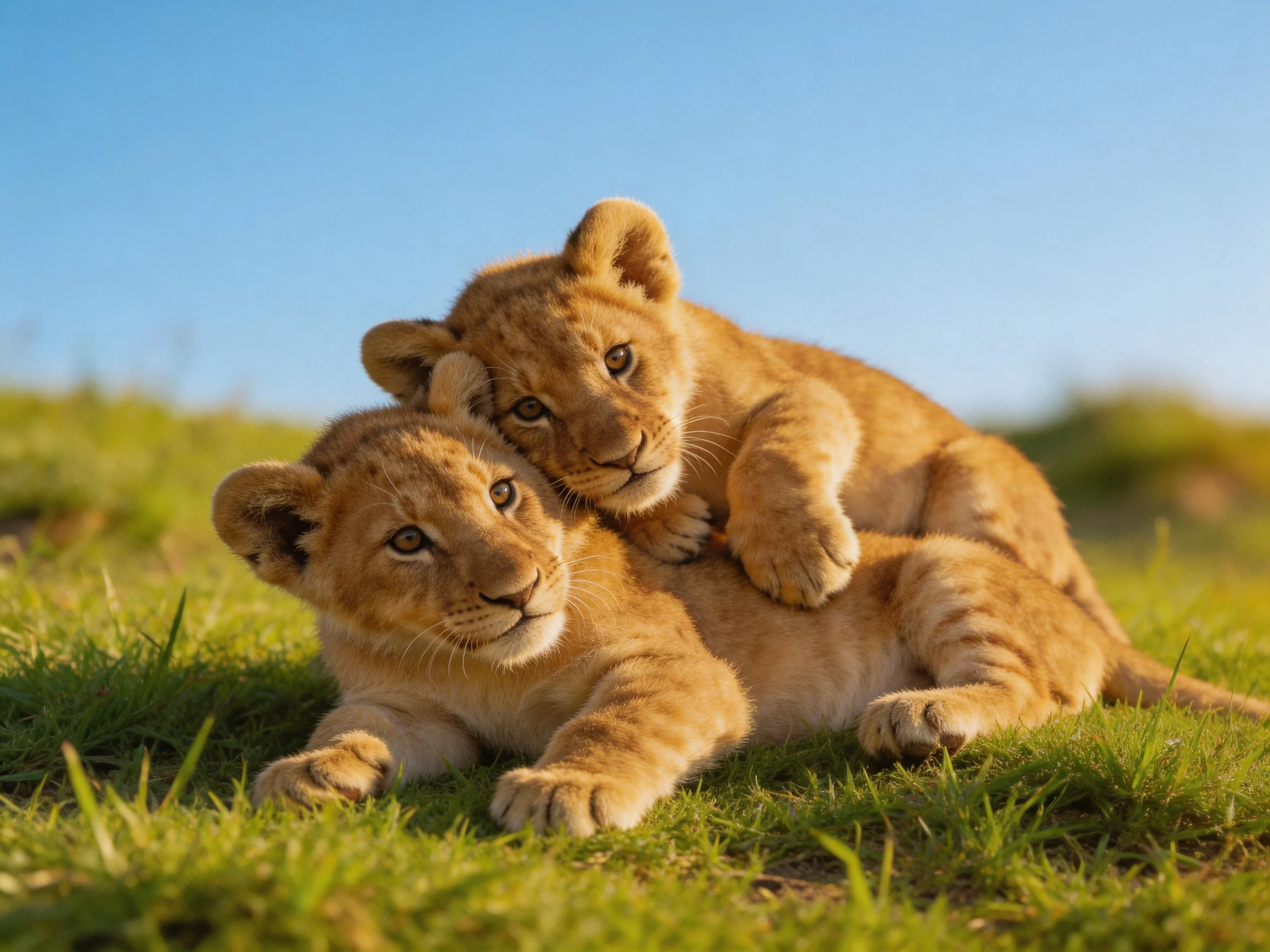 Two golden lion cubs cuddling on lush green grass under bright sunlight
