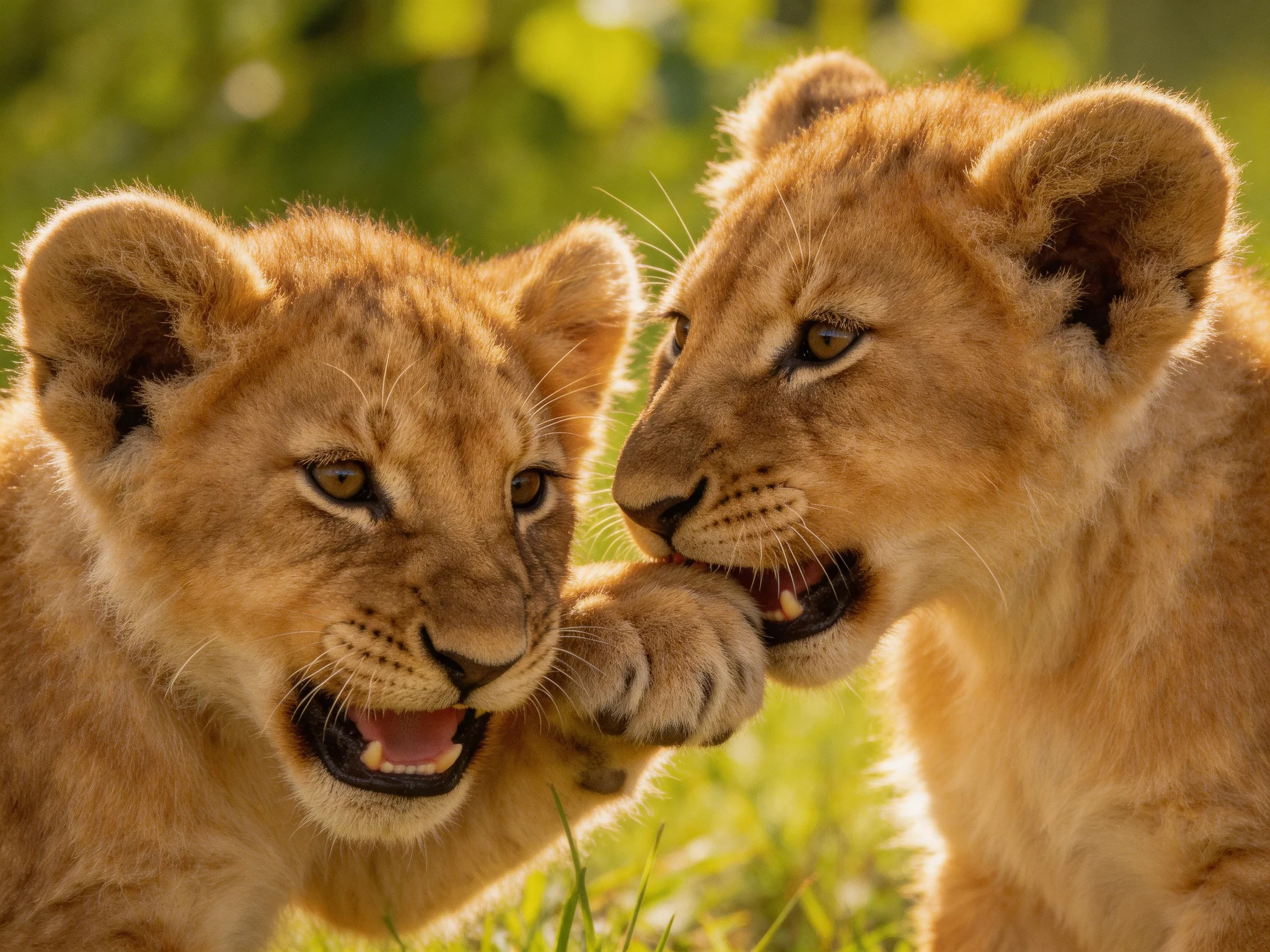 Two young lions interact closely in a sunlit natural setting.