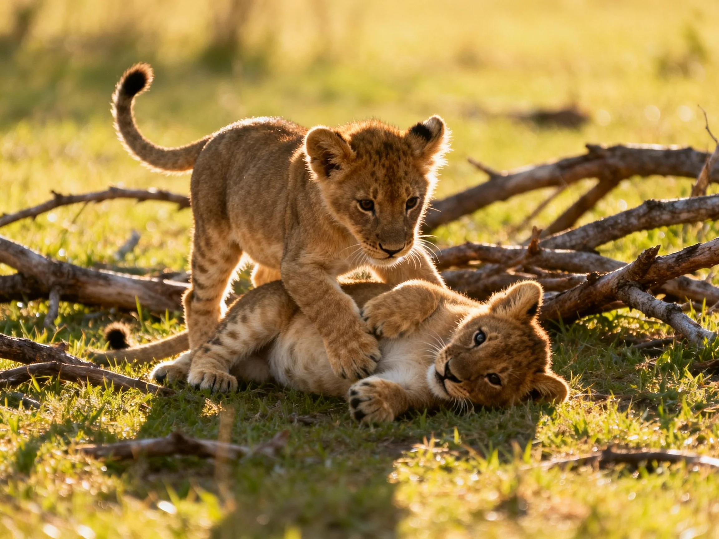 Two golden lion cubs play near scattered branches in sunlight