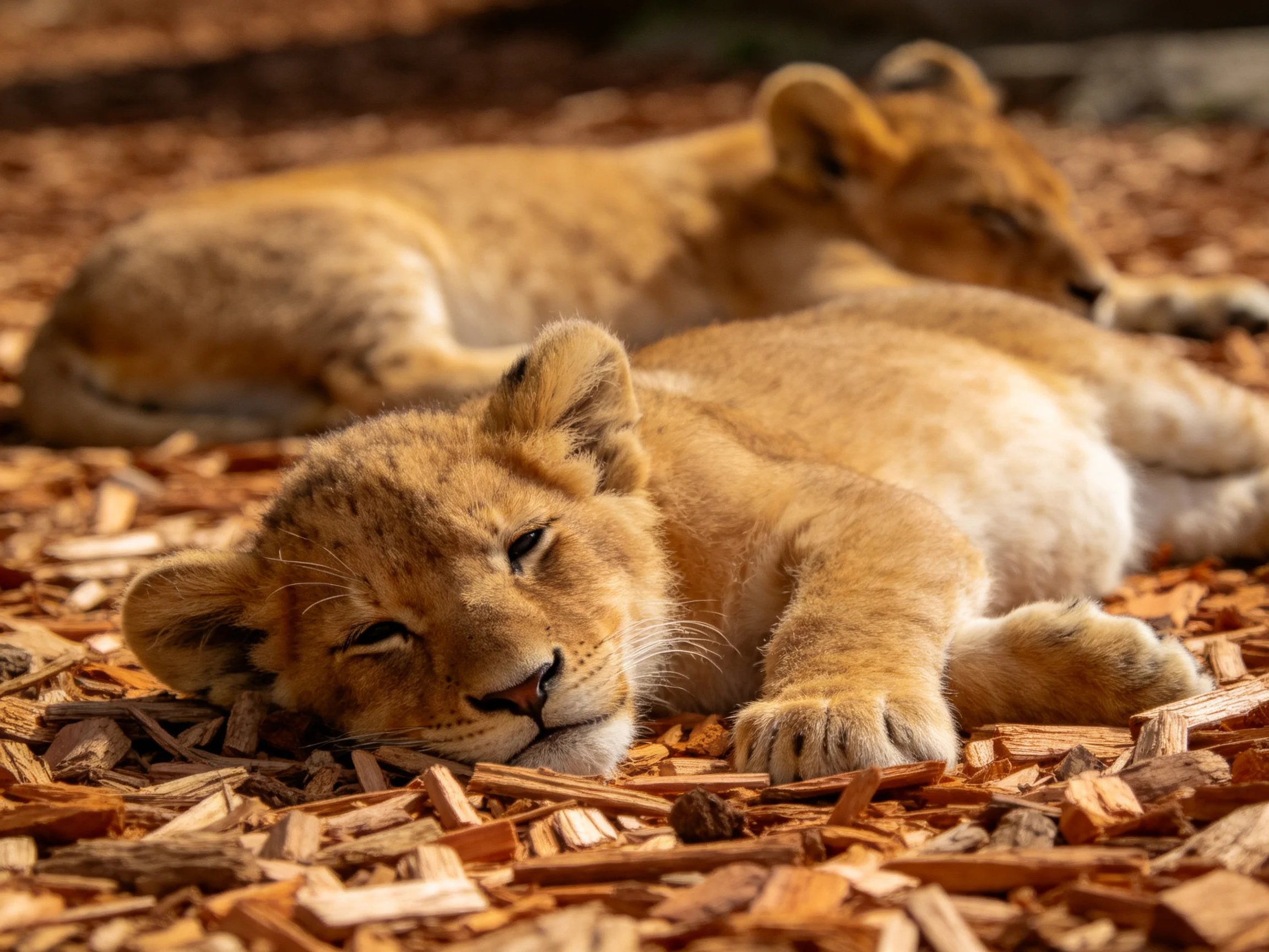Two young lions rest on wood chips in bright daylight.