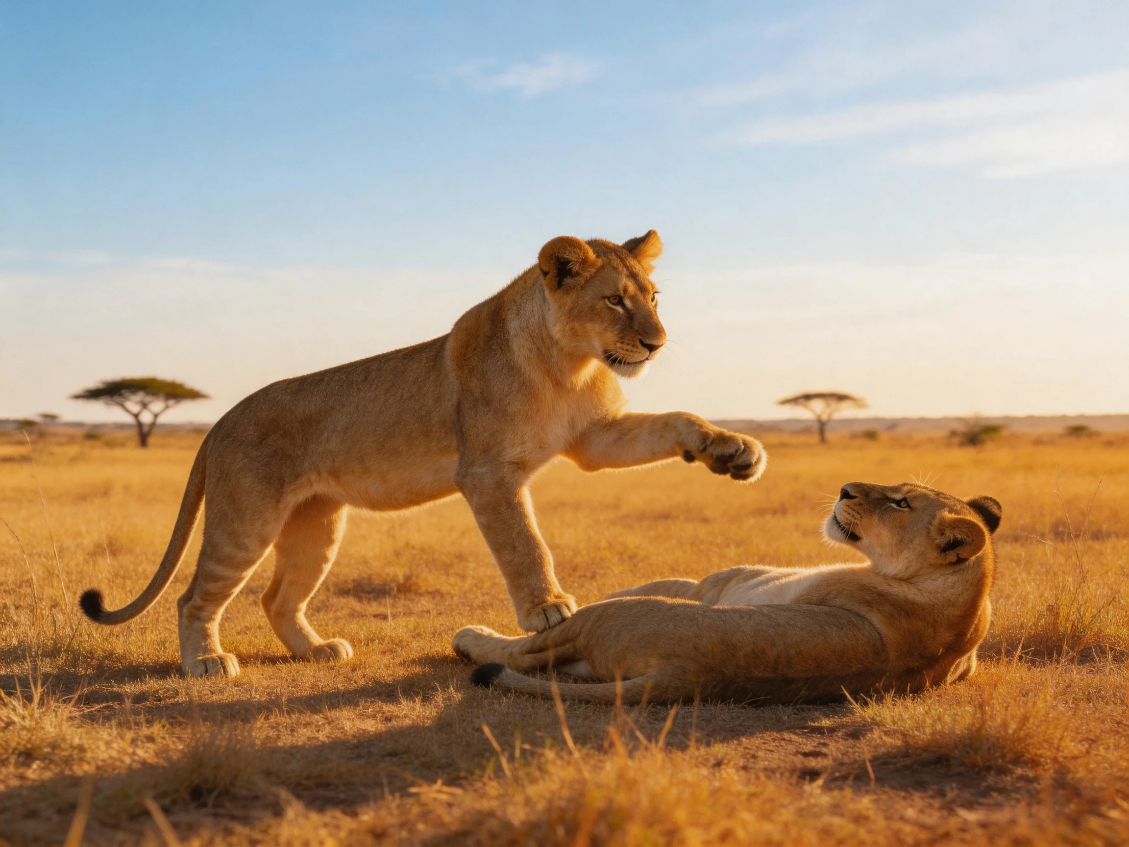 Two golden lionesses playfully interact on a sunlit savannah.