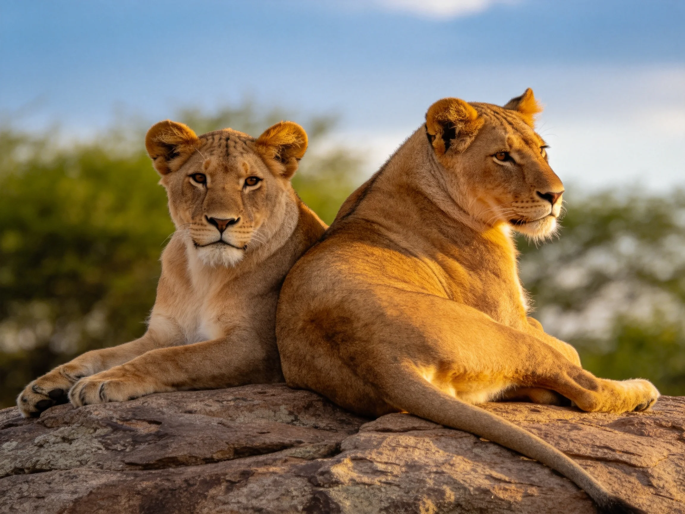 Two lionesses rest together on a sunlit rock formation.