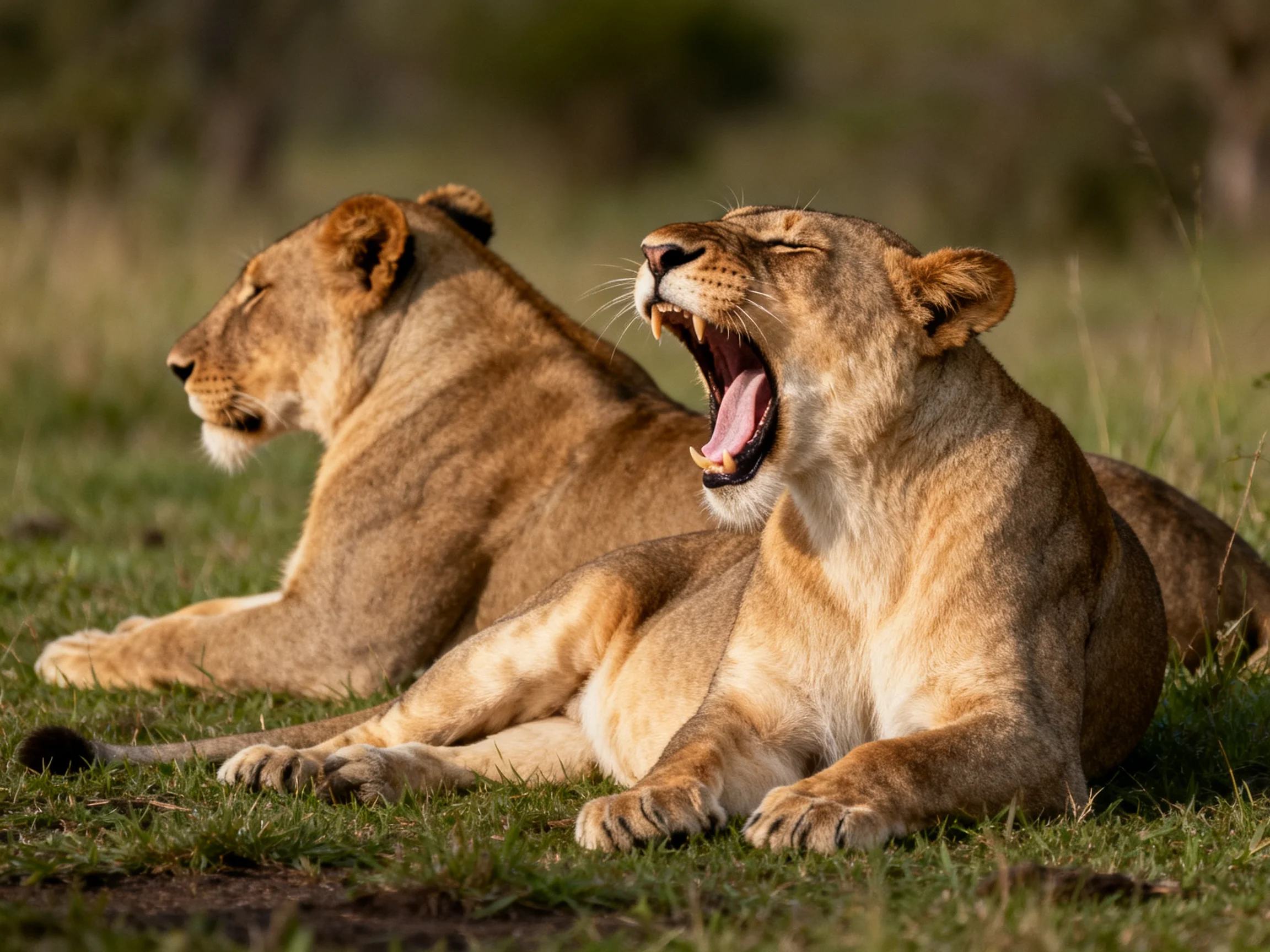 Two golden lionesses rest on grassy savannah, one yawning.