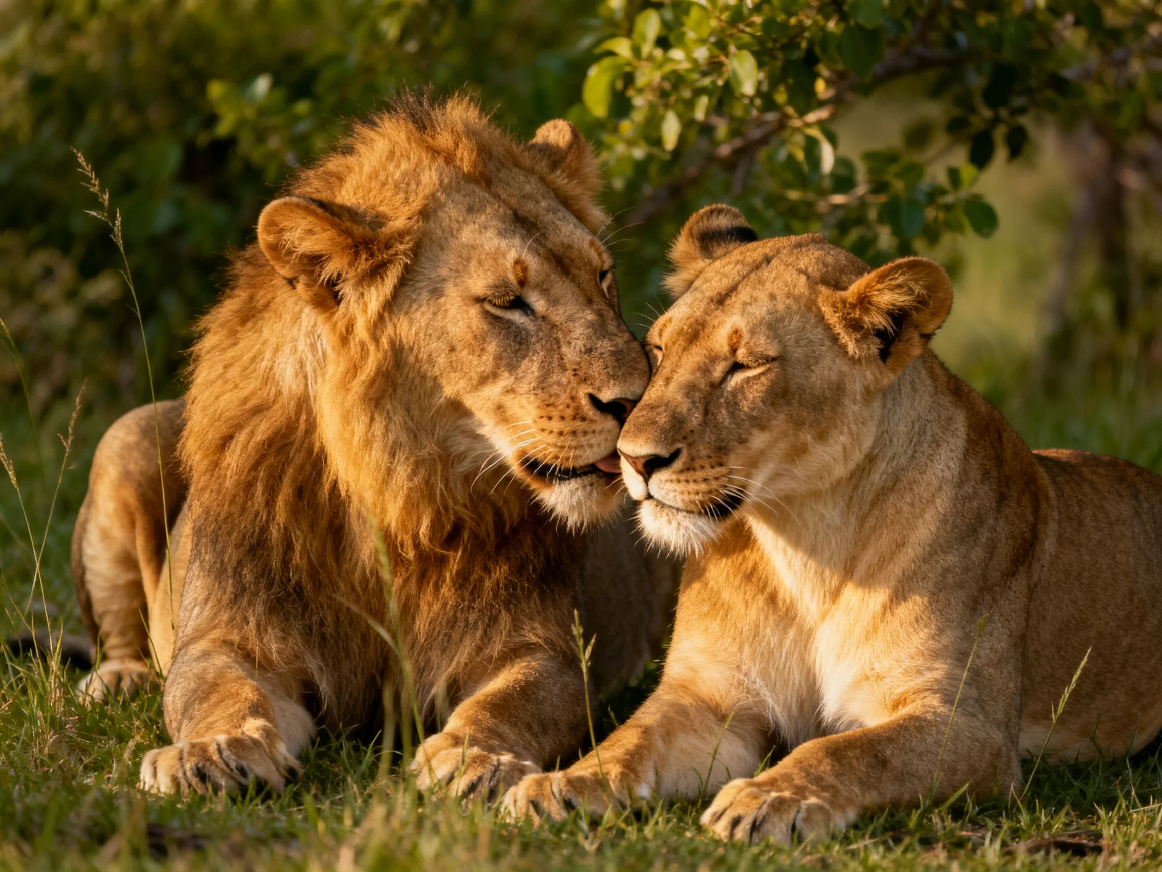 Two golden lions nuzzling in a sunlit savannah