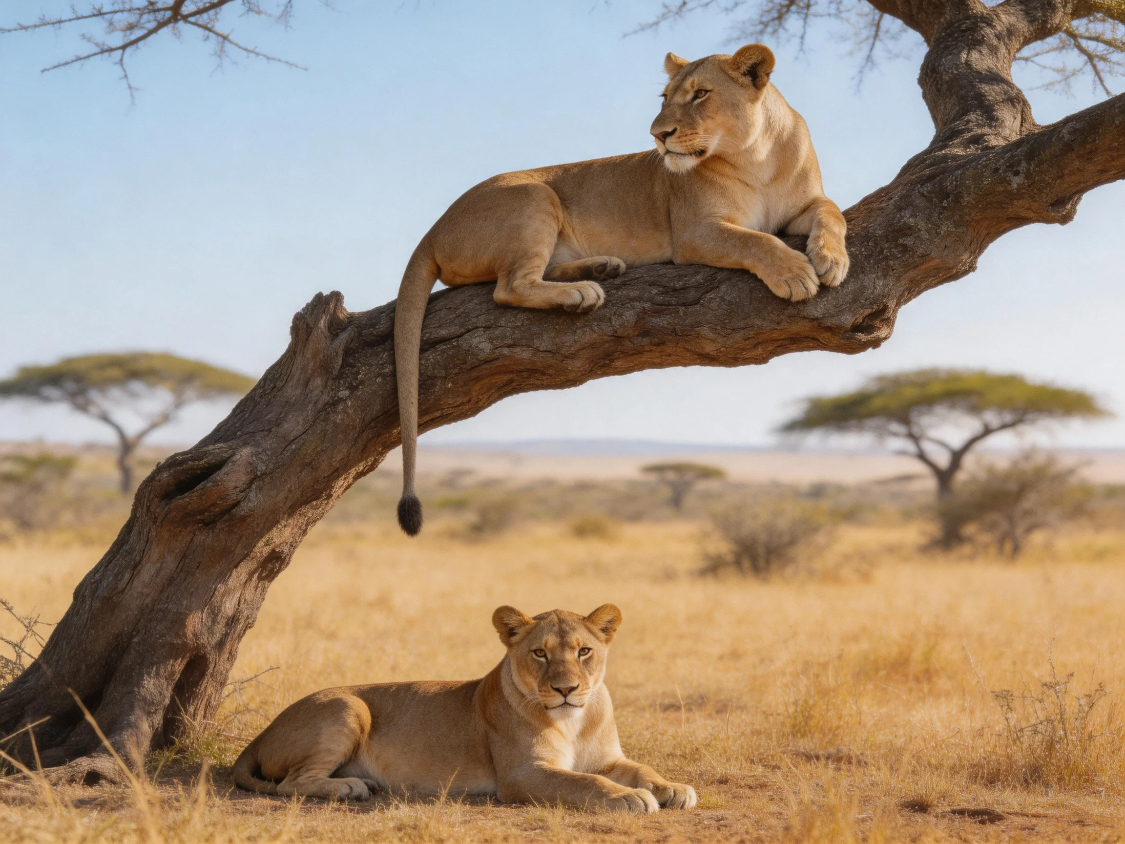 Two golden lions rest—one in a tree, one on the ground—in a sunlit savannah.